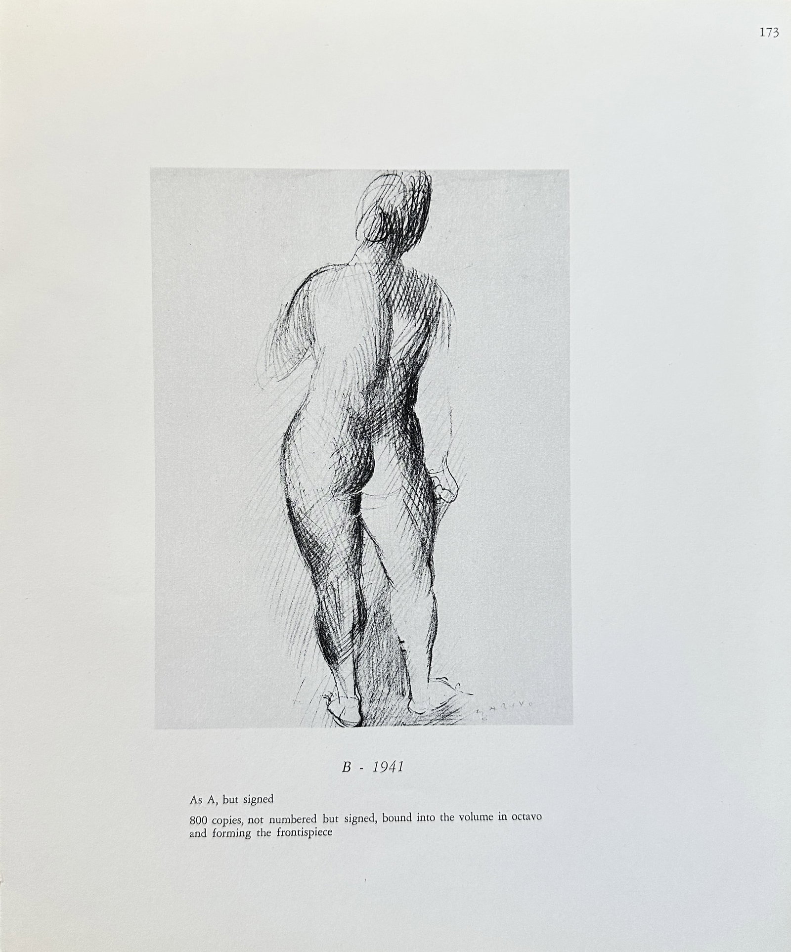 Marino Marini, after – Female Nude, Back View – Offset print (20th Century): This offset print is a pen or ink drawing from 1941, featuring a sensuous, yet expressive study of a standing female nude seen from the back. The work's style, characterized by cross-hatching and a fo