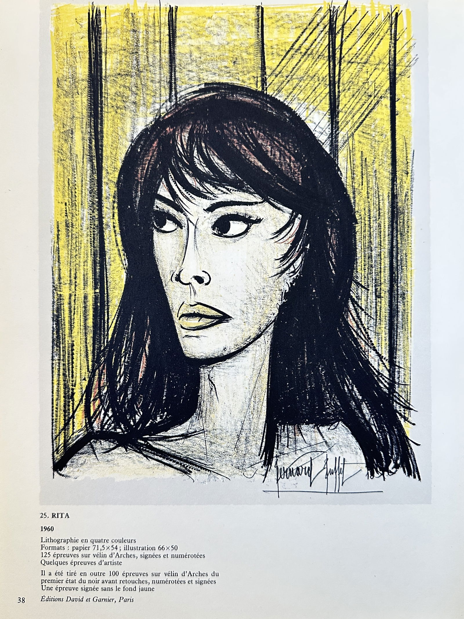 Bernard Buffet, after – Rita – Offset print (20th Century): This striking offset print is a portrait of a woman, rendered with Bernard Buffet’s distinctive angular style, heavy black outlines, and a somber, elongated expression. The figure's dark hair contra