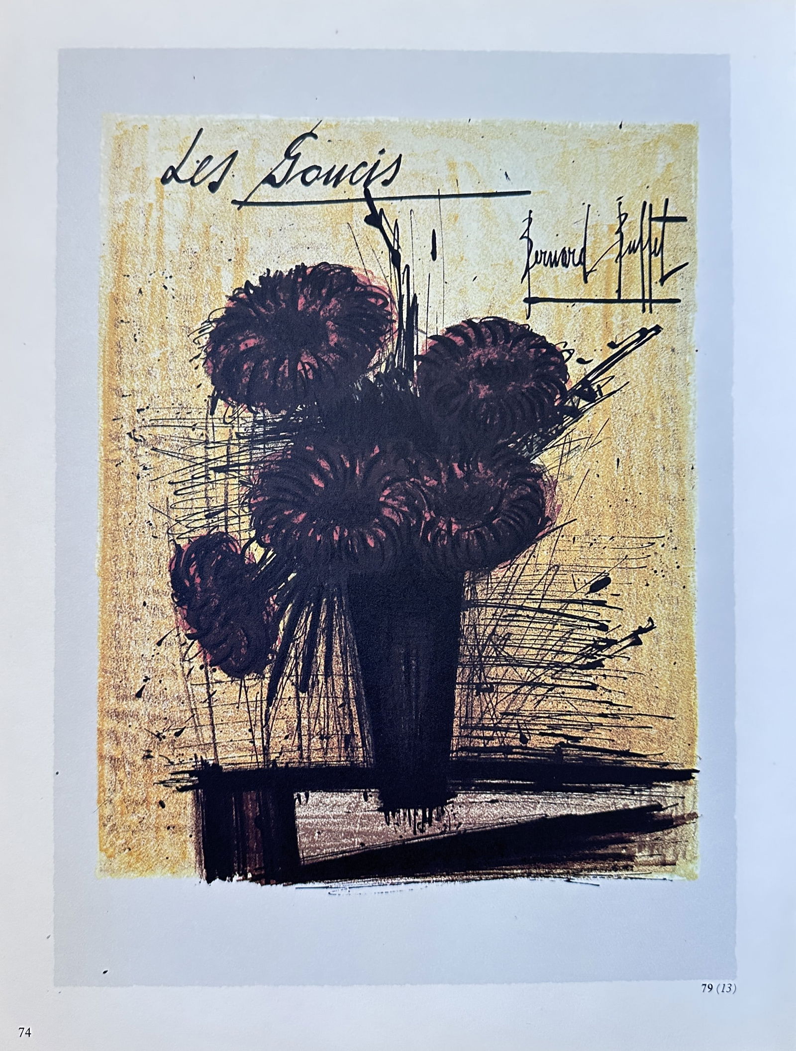 Bernard Buffet, after – Marigolds (Les Soucis) – Offset print (20th Century): This offset print is a vivid and expressive still life of flowers, titled Les Soucis (Marigolds or Worries). The image features a bouquet of dark red-purple flowers in a black vase, rendered with heav