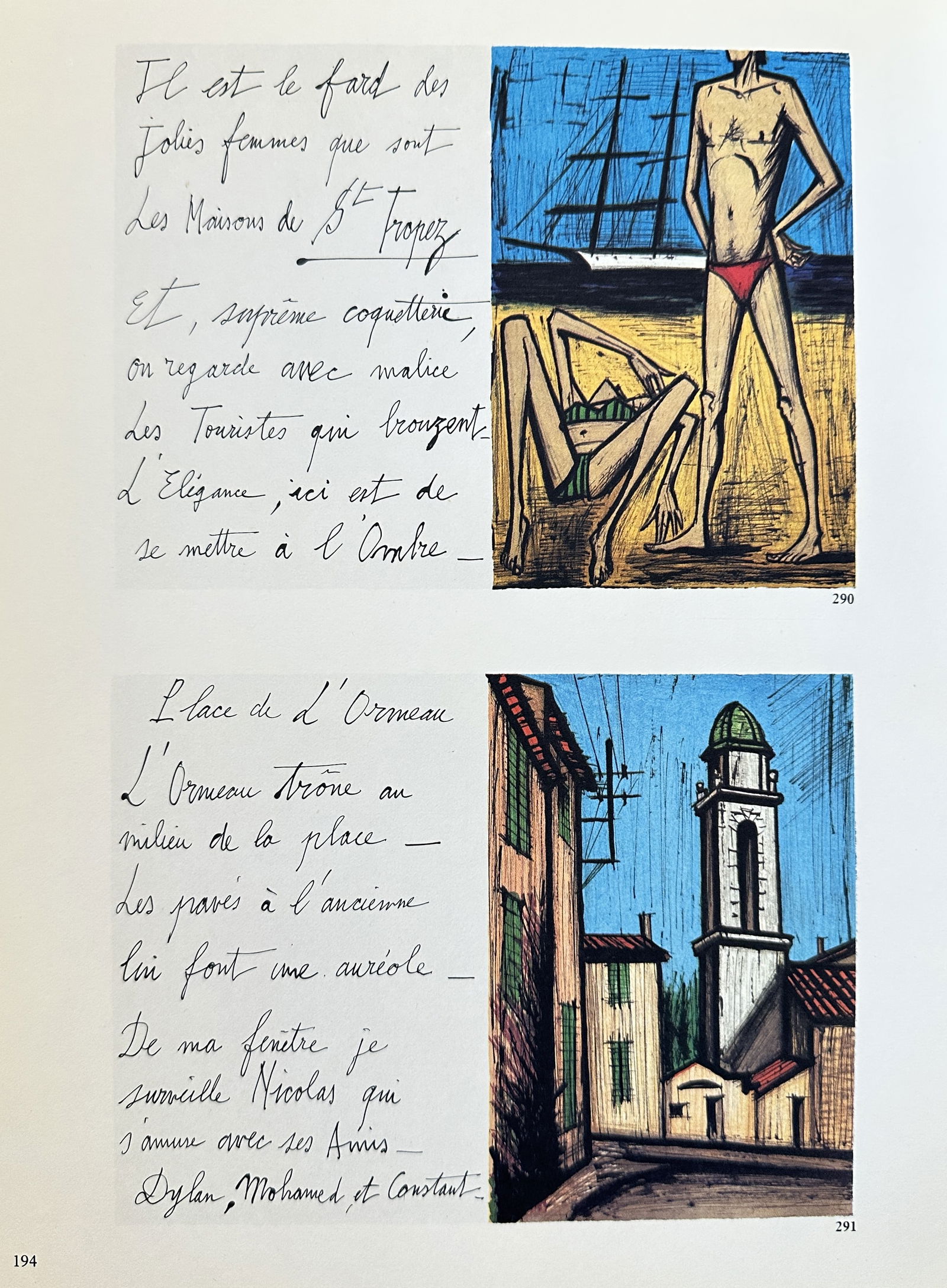 Bernard Buffet, after – Set of St. Tropez Illustrations with Text – Offset print (20th Century): This set of two pages, including illustrations and handwritten French script, is taken from a publication about Saint-Tropez, France, likely by Annabel Buffet. The illustrations are rendered in Buffet