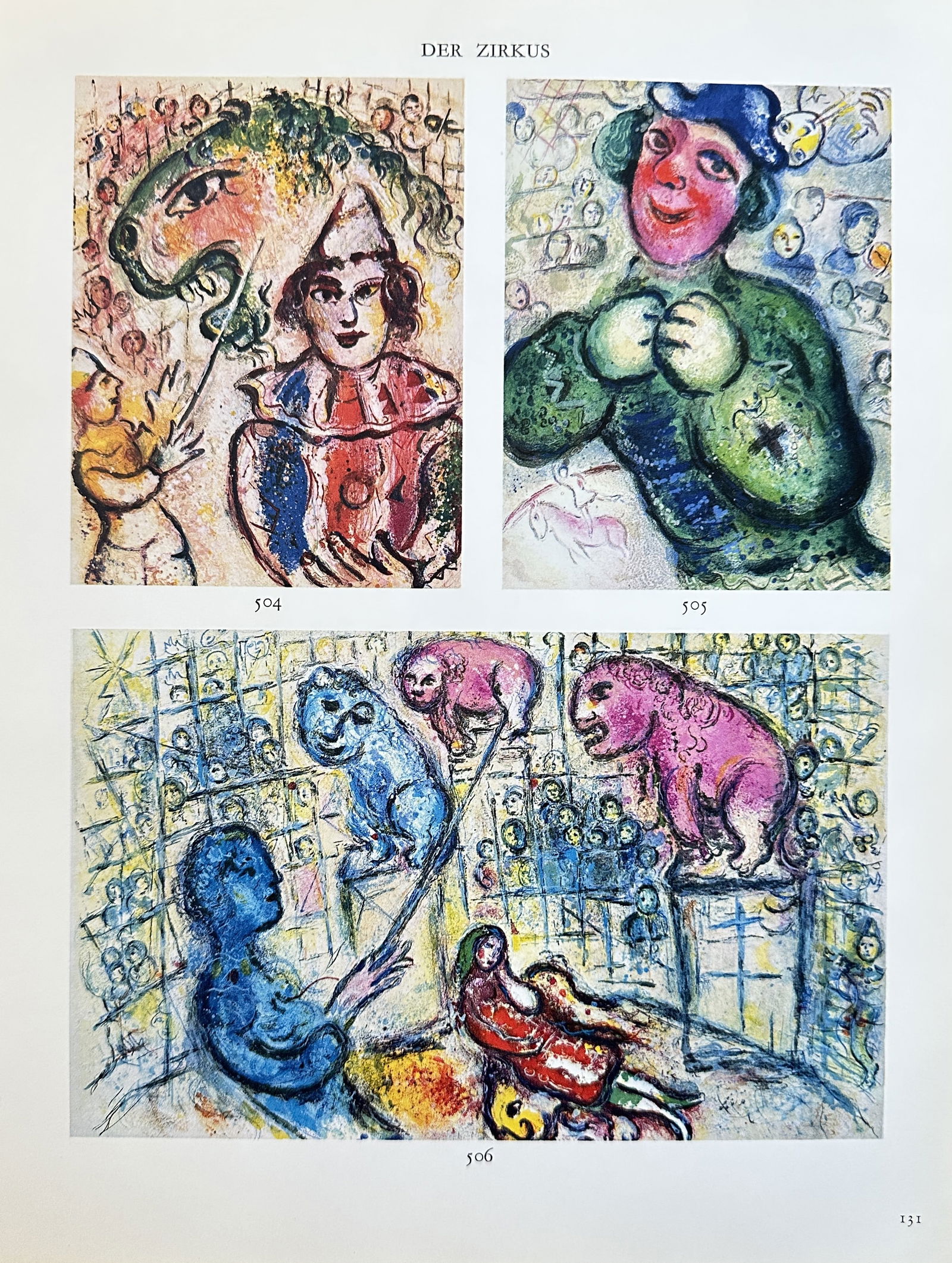 Marc Chagall, after – Circus Scenes (Der Zirkus) – Offset print (20th Century): This offset print features three vibrant color illustrations on a single page, all drawn from Chagall's extensive body of work on the Circus theme (labeled Der Zirkus). The subjects blend fantasy and
