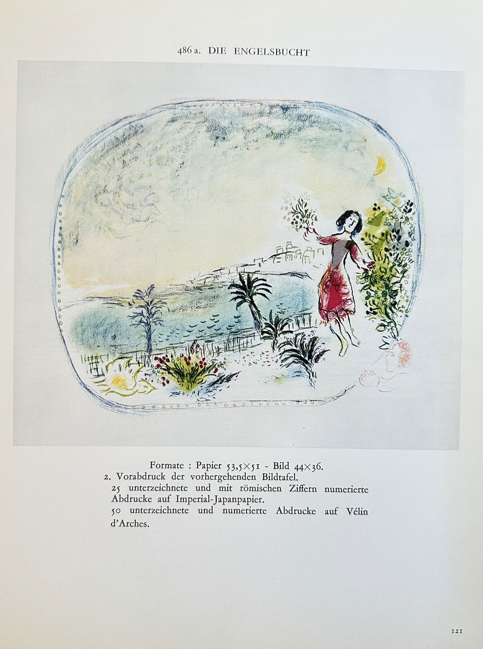 Marc Chagall, after – The Bay of Angels (Die Engelsbucht) – Offset print (20th Century): This poetic color offset print, titled The Bay of Angels (Die Engelsbucht), depicts a figure walking along the coastline of Nice, France, within an imaginative, oval-shaped setting. The work is charac