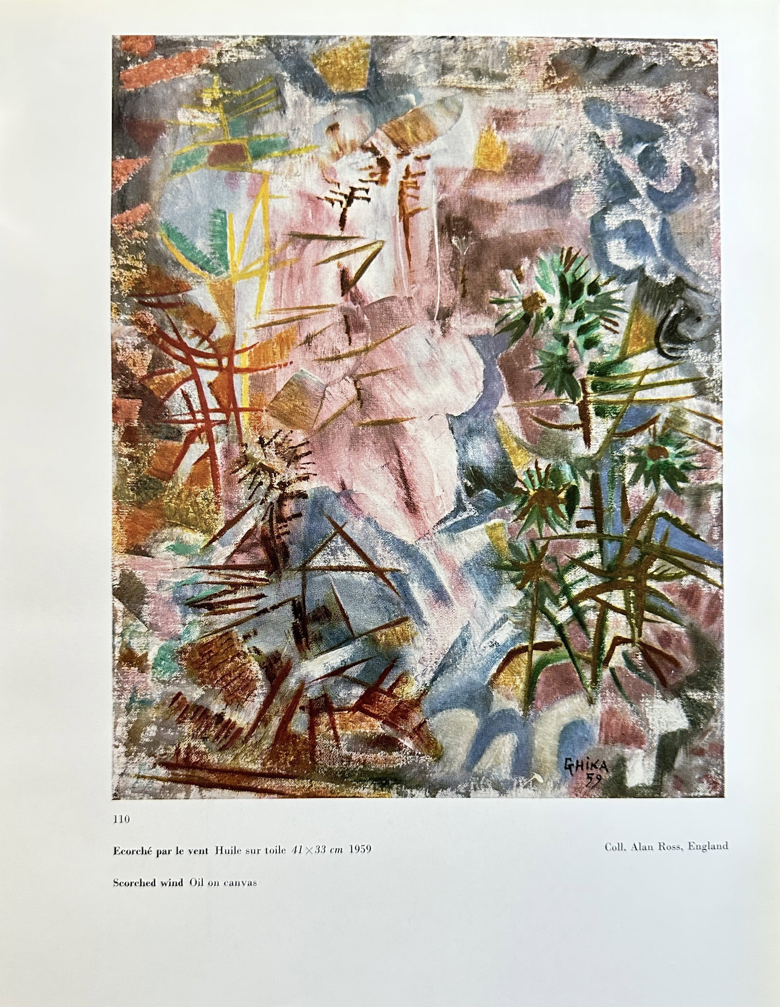Nikos Hadjikyriakos-Ghika, after – Scorched Wind (Écorché par le vent) – Offset print: This color offset print illustrates the oil-on-canvas painting Scorched Wind (Écorché par le vent), executed in 1959. The highly textural and abstract composition uses an expressive palette of pinks