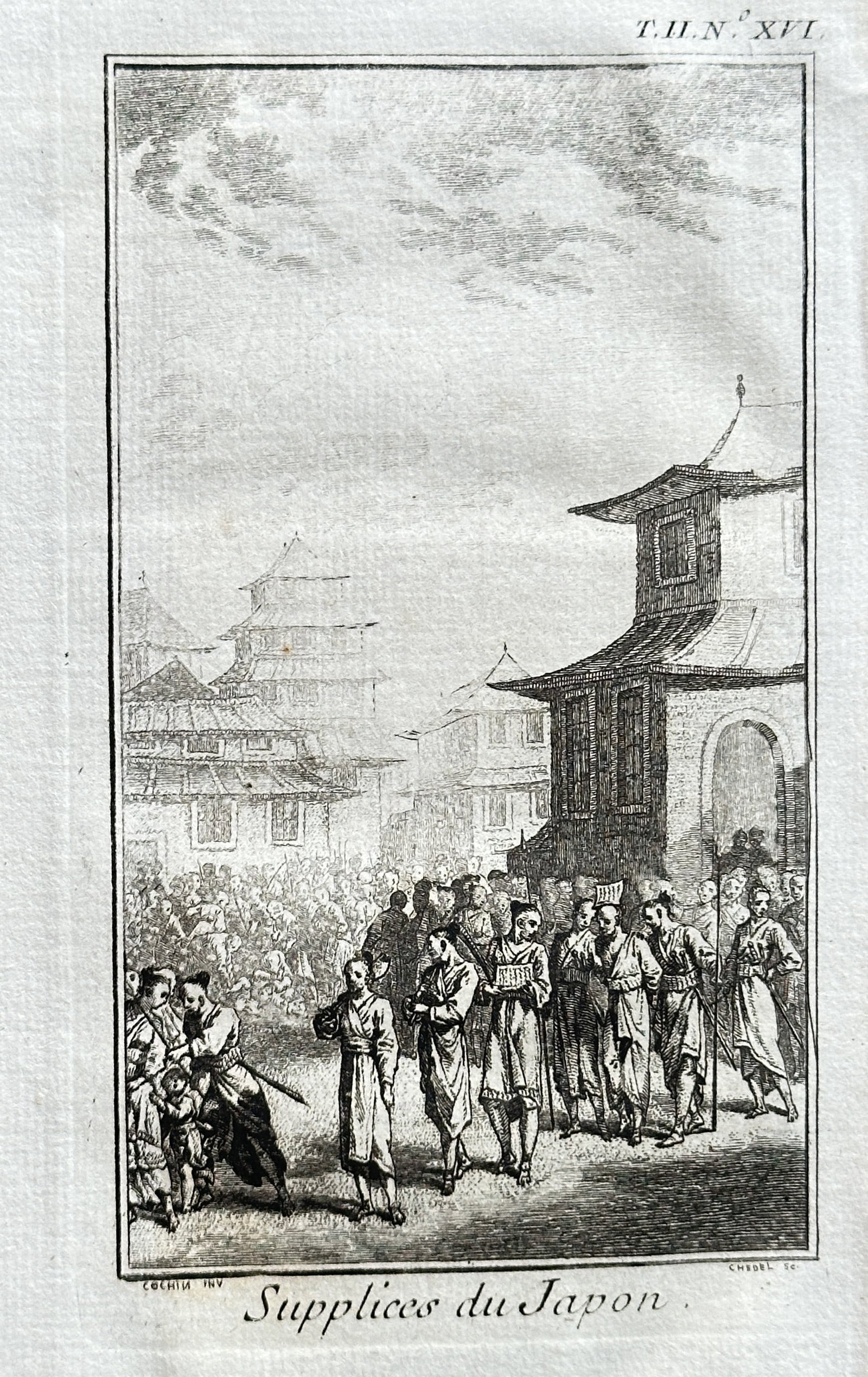 Charles-Nicolas Cochin the Younger (1715–1790) – Supplices du Japon (Japanese Punishments): This black and white engraving illustrates a dramatic scene titled Supplices du Japon (Punishments of Japan), a work often associated with the documentation of non-European cultures in the 18th centur