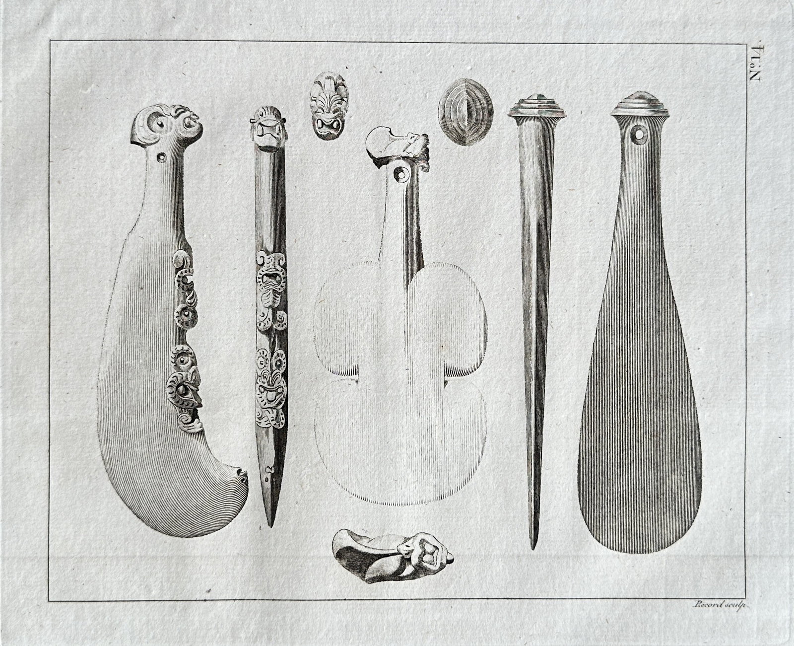 John Hawkesworth – Tahitian Implements and Tools (Cook's Voyages) – Engraving (1773): This detailed black and white engraving is a scientific and ethnographic plate illustrating various Tahitian implements and tools brought back from Captain Cook's First Voyage (1768–1771) to the Pac