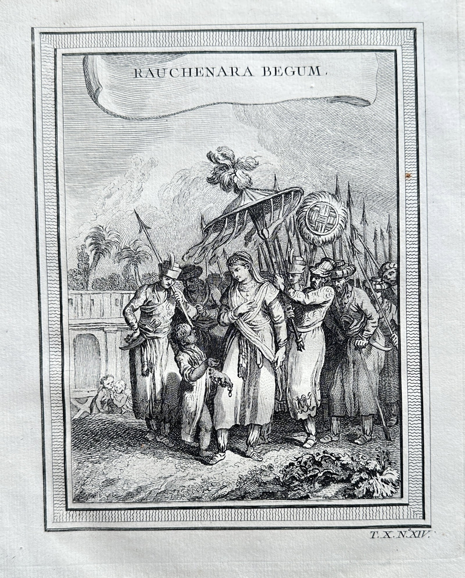 James Forbes (1749–1819) – Rauchenara Begum (Mughal Royal Procession) – Engraving: This detailed black and white engraving is a historical and ethnographic illustration depicting Rauchenara Begum (Roshanara Begum), a notable Mughal princess, moving in a formal procession with her re