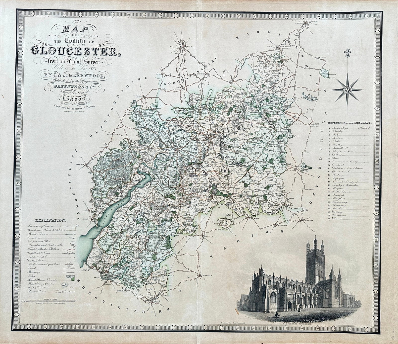 C.J. Greenwood – Map of England - the County of Gloucester from an Actual Survey: This finely detailed hand-coloured map of Gloucestershire was produced by Christopher Greenwood and published in 1831 as part of his renowned atlas of England and Wales. Based on a meticulous actual s