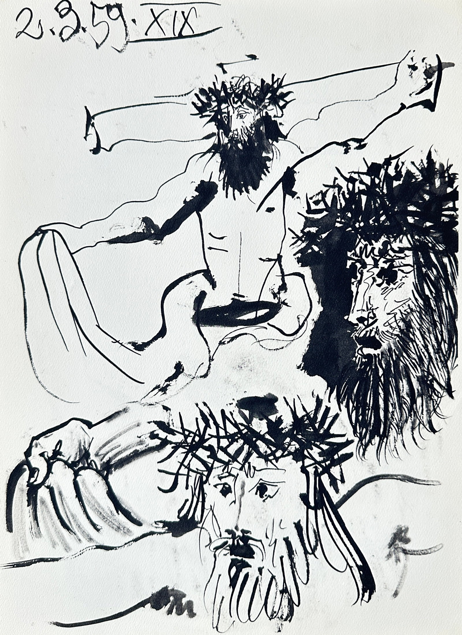 Pablo Picasso (1881-1973), after – Crucifixion with Lion’s Head – Offset Lithography (20th: A powerful, high-contrast illustration using stark black and white tones, derived from a drawing in which Pablo Picasso explored mythological and religious themes. The work depicts a dramatic composit