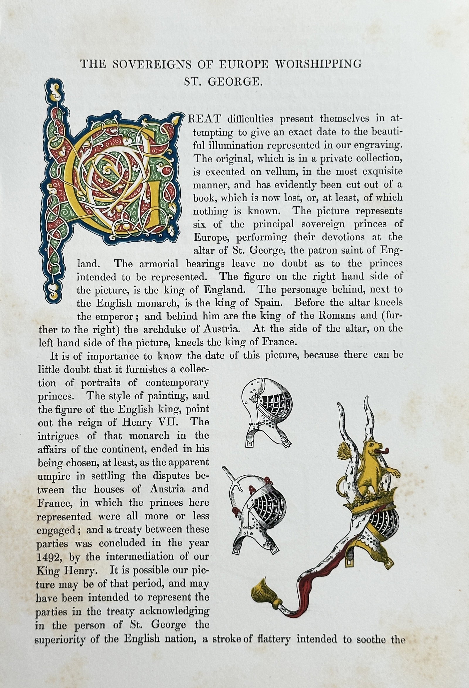 Henry Shaw – The Sovereigns of Europe Worshipping St. George – Hand-coloured Wood Engraving: This print is an elaborately decorated scholarly page from the antiquarian volume, Dresses and Decorations of the Middle Ages. The page details the historical context of an illustration (not entirely 
