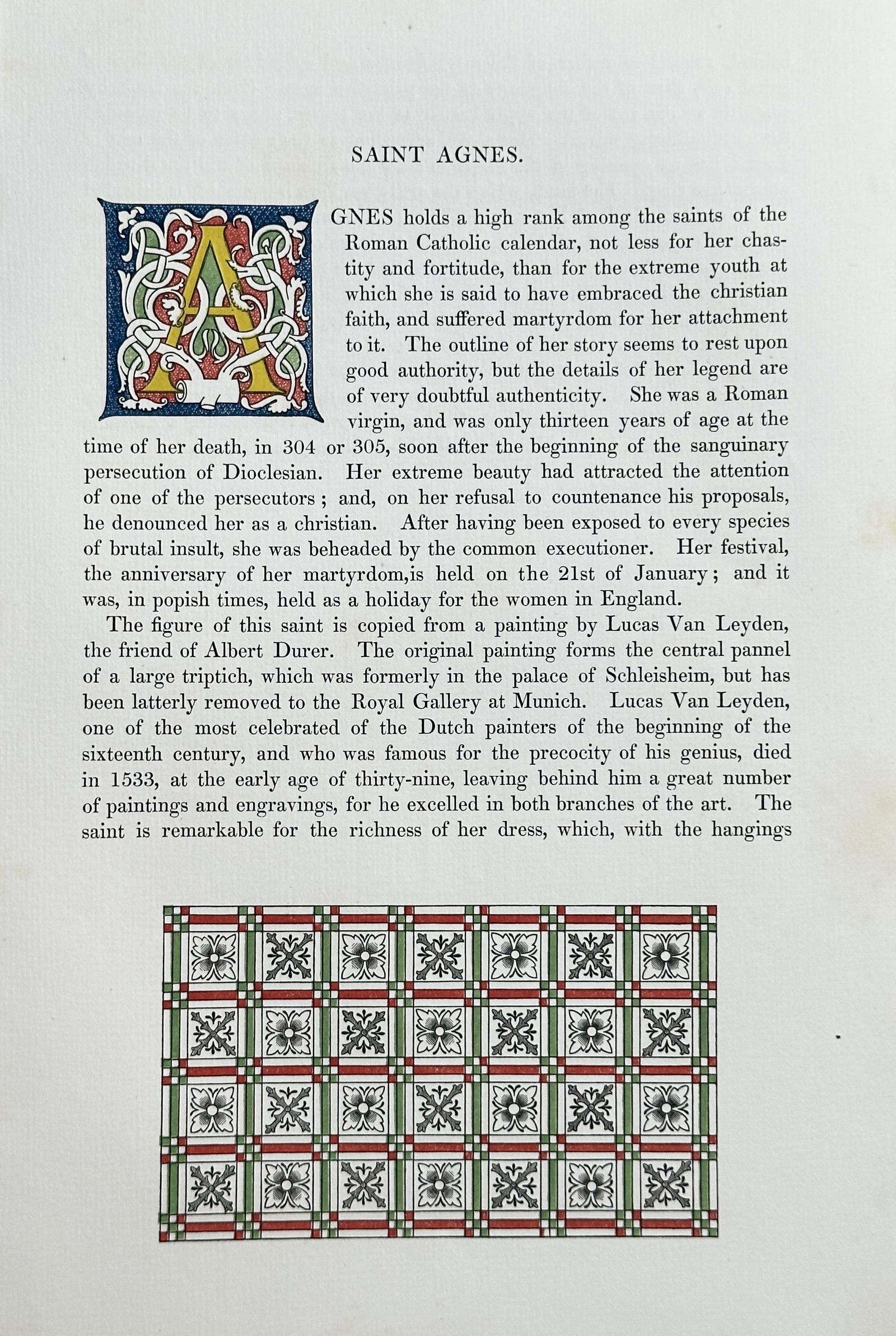 Henry Shaw, after Lucas Van Leyden – Saint Agnes – Hand-coloured Wood Engraving (1 of 2)