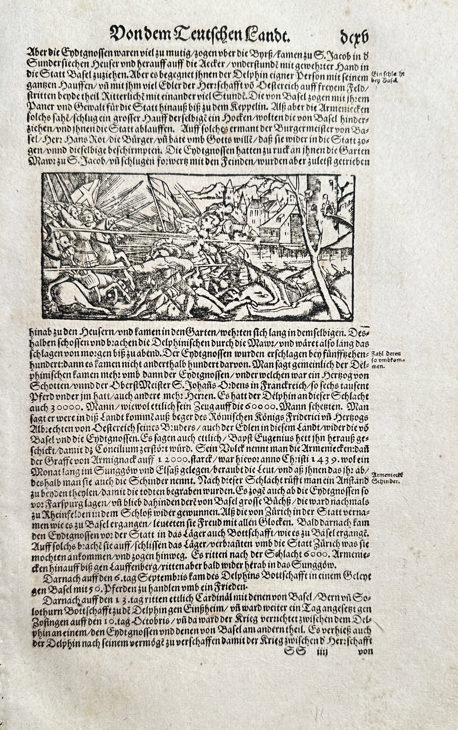 Sebastian Münster – Battle Scene from German History (Text Page) – Woodcut and Letterpress: This antique print is a double-column text page from the German-language edition of Sebastian Münster's massive geographical and historical work, Cosmographia. The running head "Von dem Teutschen Lan