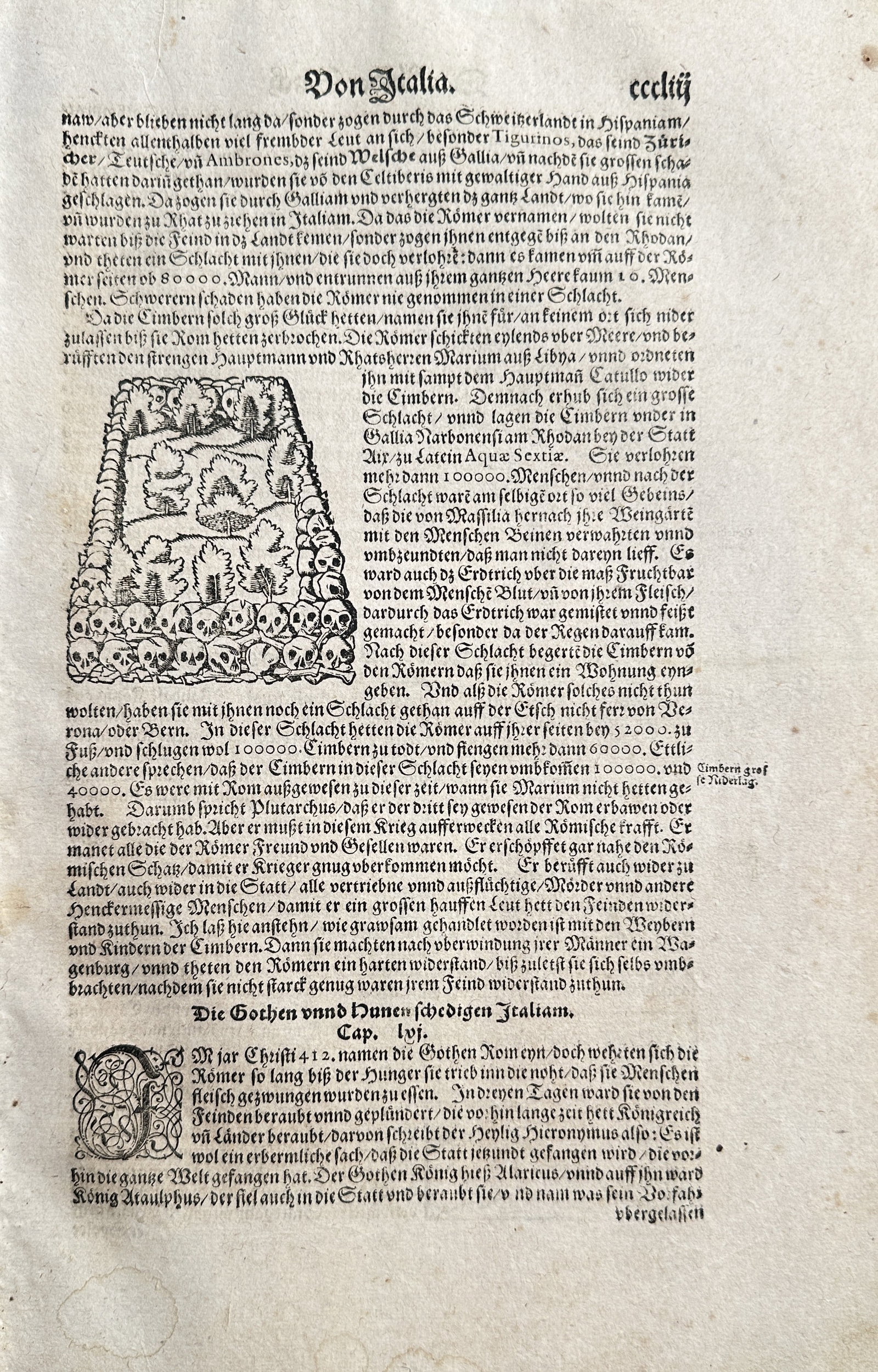 Sebastian Münster – Allegorical Map of an Italian Region and German Power (Text Page) – Woodcut (1 of 2)