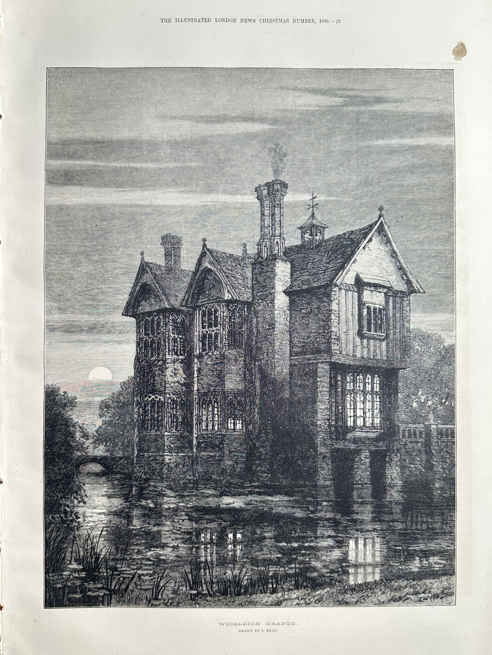 The Illustrated London News – Woodleigh Grange – Engraving (1880): This large-format engraving, titled Woodleigh Grange, dramatically depicts a Tudor-style manor house situated on the edge of water, with the building's facade and multiple windows reflected on the sti