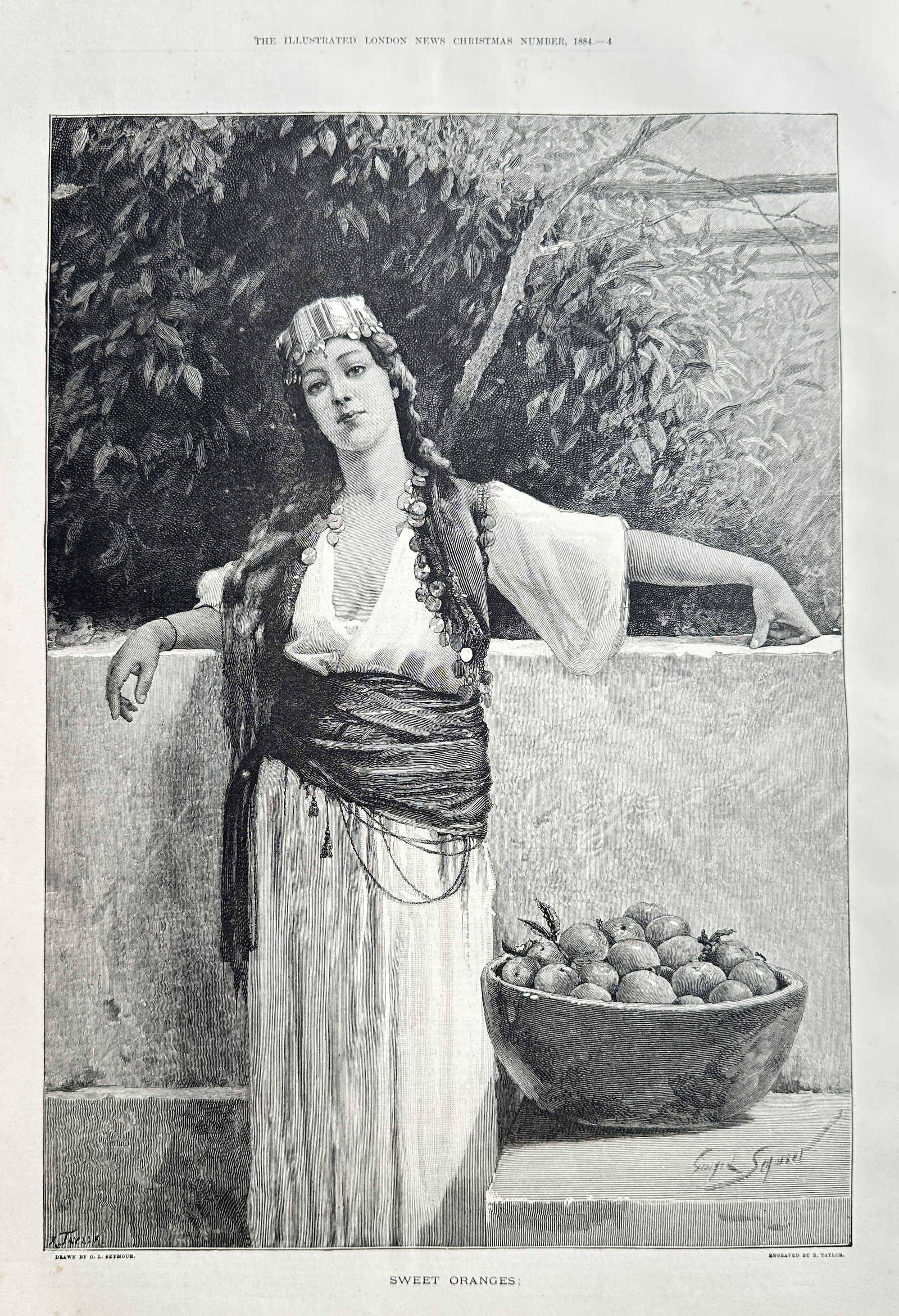 The Illustrated London News – Sweet Oranges – Engraving (1881): This large-format engraving, titled Sweet Oranges, depicts a young woman in an elaborate, richly detailed dress and headpiece, posed leaning against a stone structure with a basket of oranges in the f