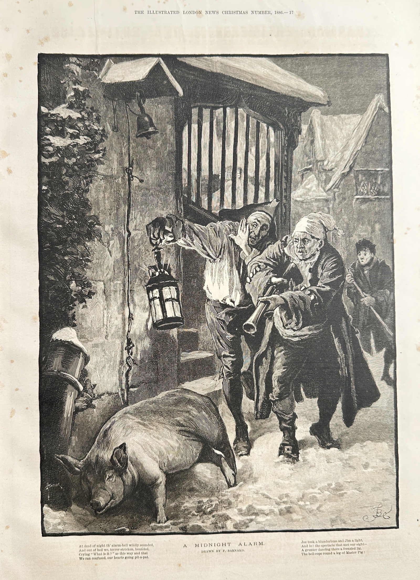 The Illustrated London News – A Midnight Alarm – Engraving (1886): This large-format engraving, titled A Midnight Alarm, captures a humorous and chaotic night-time scene. Two startled figures, one holding a lantern and the other a trumpet, rush out of a gatehouse, ha