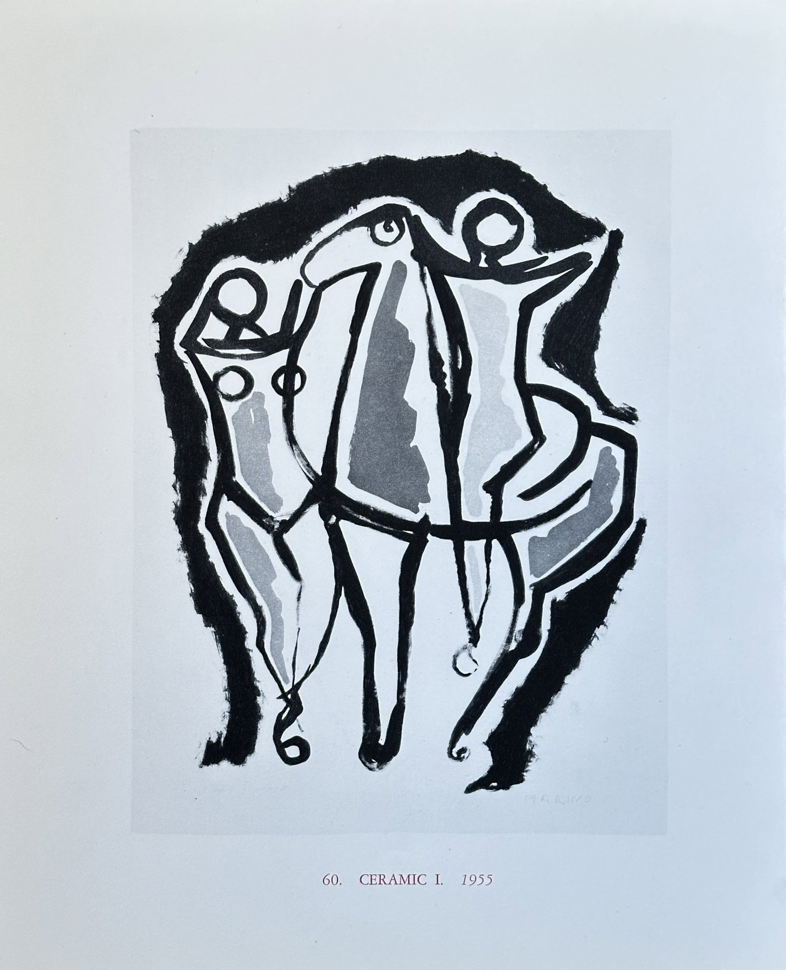 Marino Marini, after – Ceramic I – Offset print (20th Century): This expressive black, white, and gray offset print illustrates an abstracted equestrian subject, titled Ceramic I. The work is based on an original design from 1955, executed in Marini's signature po