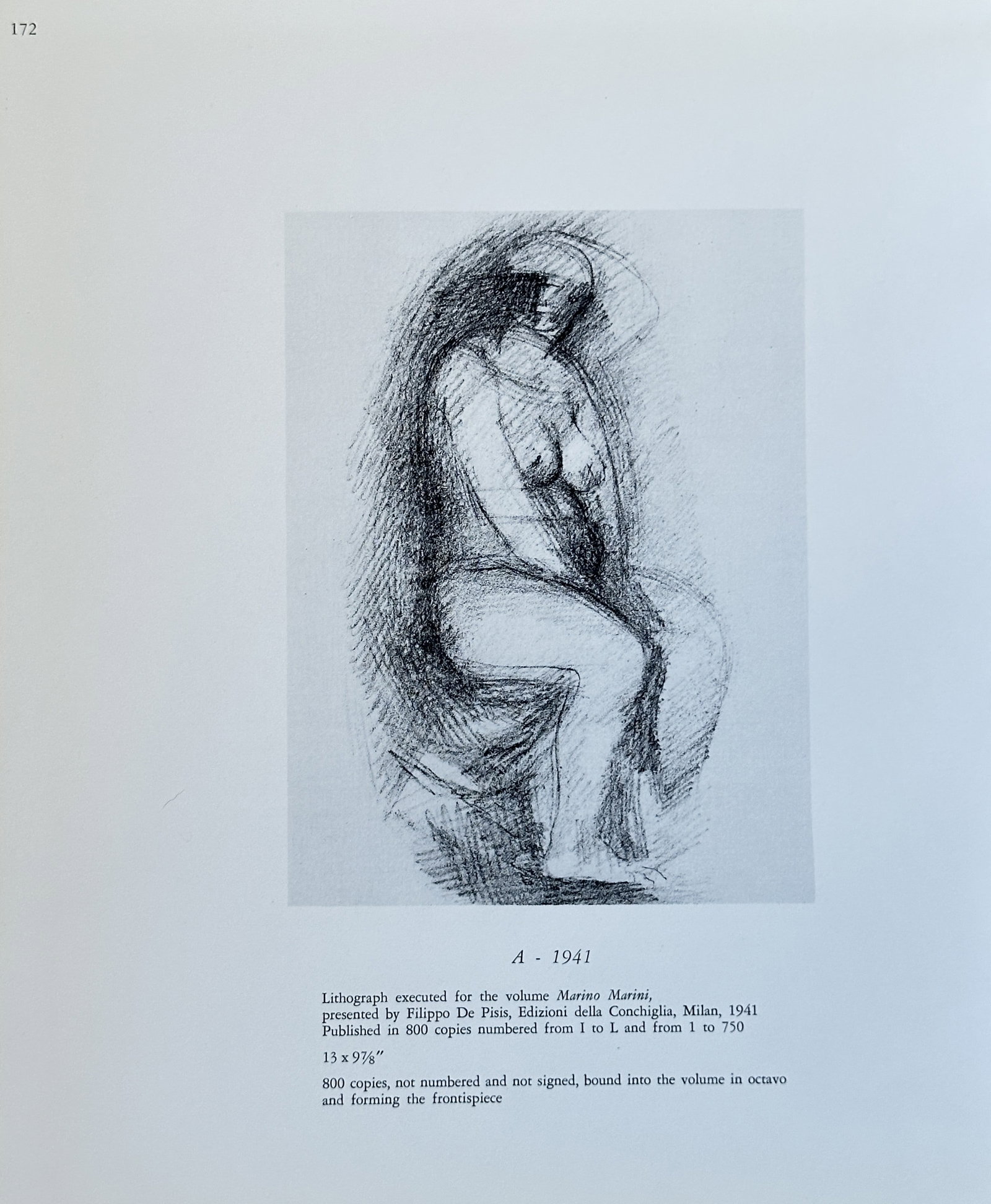 Marino Marini, after – Seated Female Nude (A) – Offset print (20th Century): This stark black and white offset print illustrates a dense sketch of a seated female nude figure, identified as Figure A and dated to 1941. The figure is rendered using rapid, agitated cross-hatching
