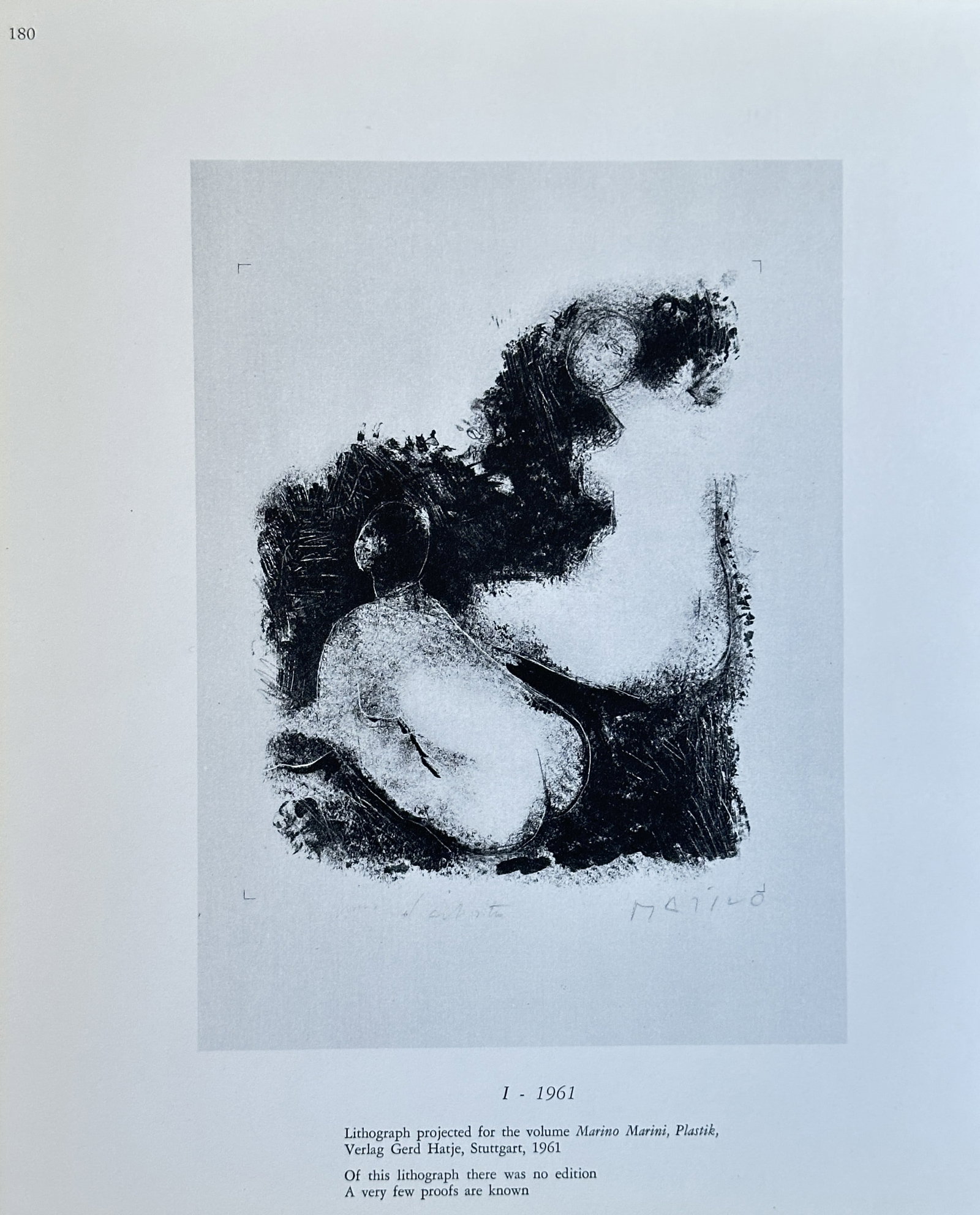 Marino Marini, after – Seated Nude I – Offset print (20th Century): This stark black and white offset print illustrates an abstracted seated female nude, identified as Seated Nude I and dated to 1961. The figure is heavily stylized and semi-abstracted, rendered throug