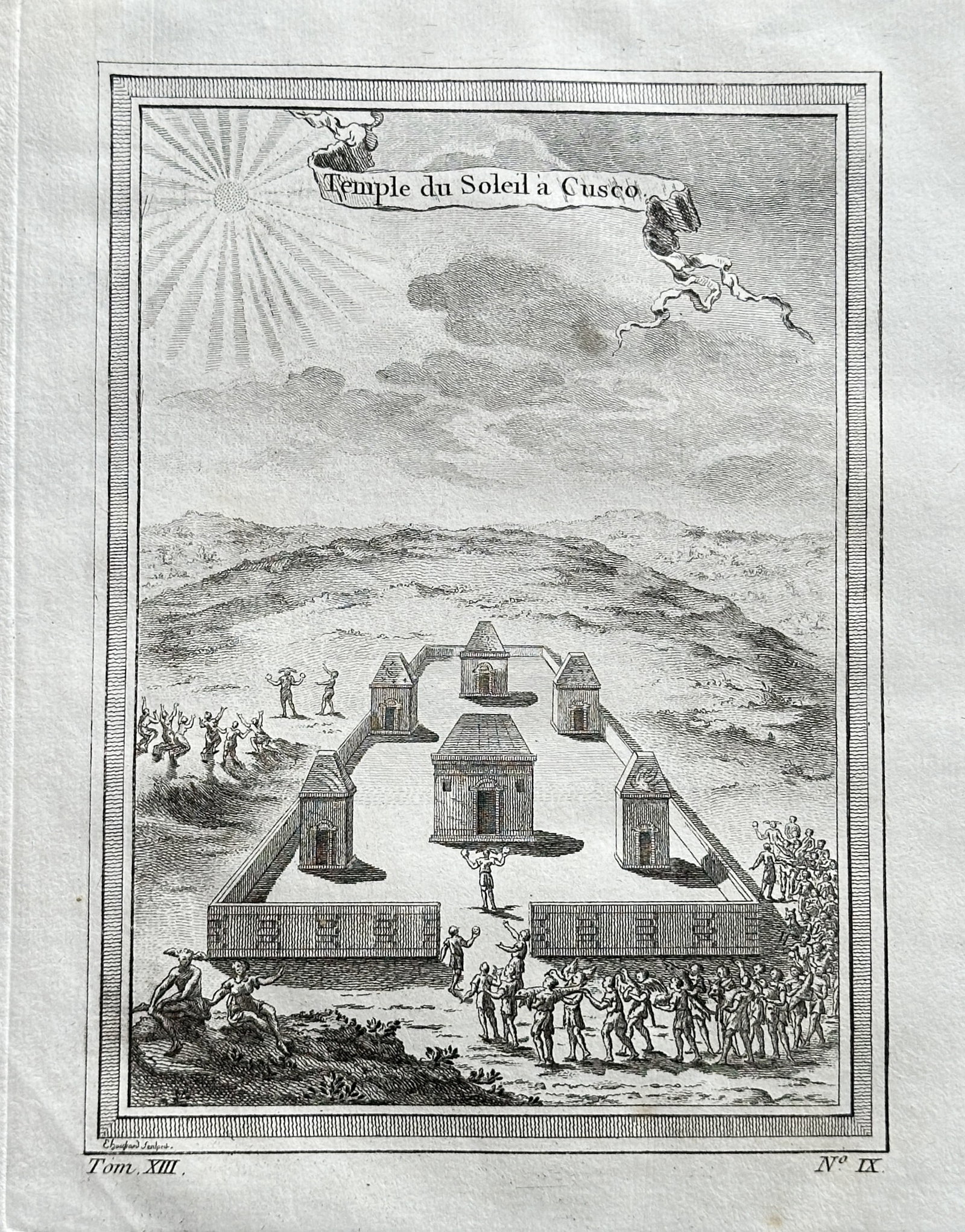 Elisabeth Haussard (1700–1804) – Temple of the Sun at Cusco, Peru – Engraving (Circa 1750): This historical and topographical engraving, titled Temple of the Sun at Cusco (Temple du Soleil a Cusco), depicts a visual plan or conceptual view of the Inca temple complex, the Qorikancha, before o