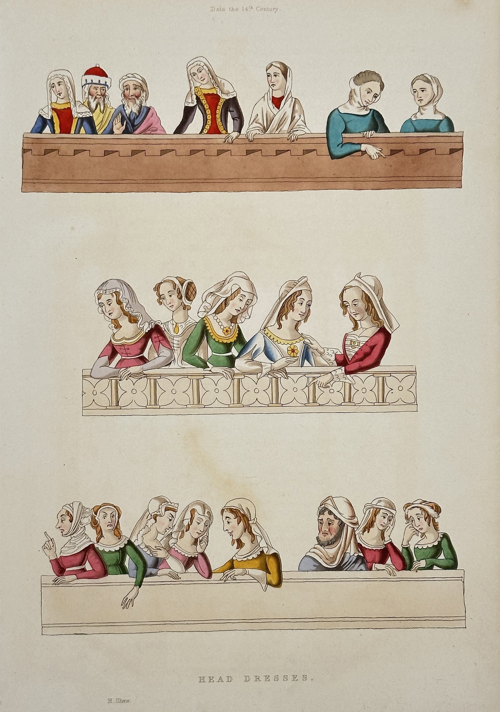 Henry Shaw – Head-dresses of the Late 14th Century – Hand-coloured Engraving (1843): This hand-coloured engraving illustrates Head-dresses worn by people in the Late 14th Century, a period noted for its extreme and varied fashion in England and Europe. The composition shows three hori