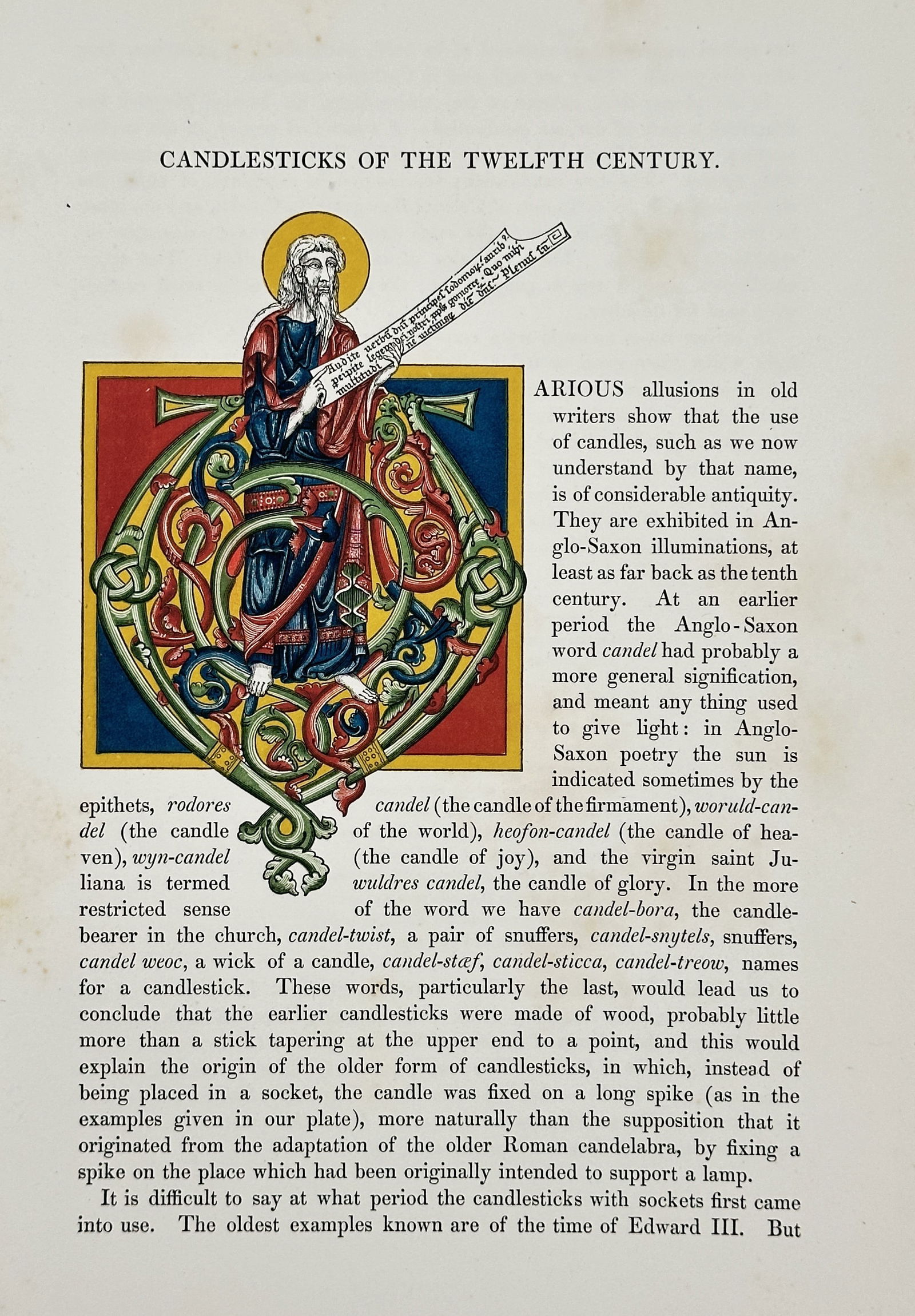 Henry Shaw – Candlesticks of the Twelfth Century (Illuminated Initial) – Hand-coloured Engraving: This hand-coloured engraving, titled Candlesticks of the Twelfth Century, features a large, elaborate illuminated initial letter (I or J) in the Romanesque style. The initial contains the figure of a