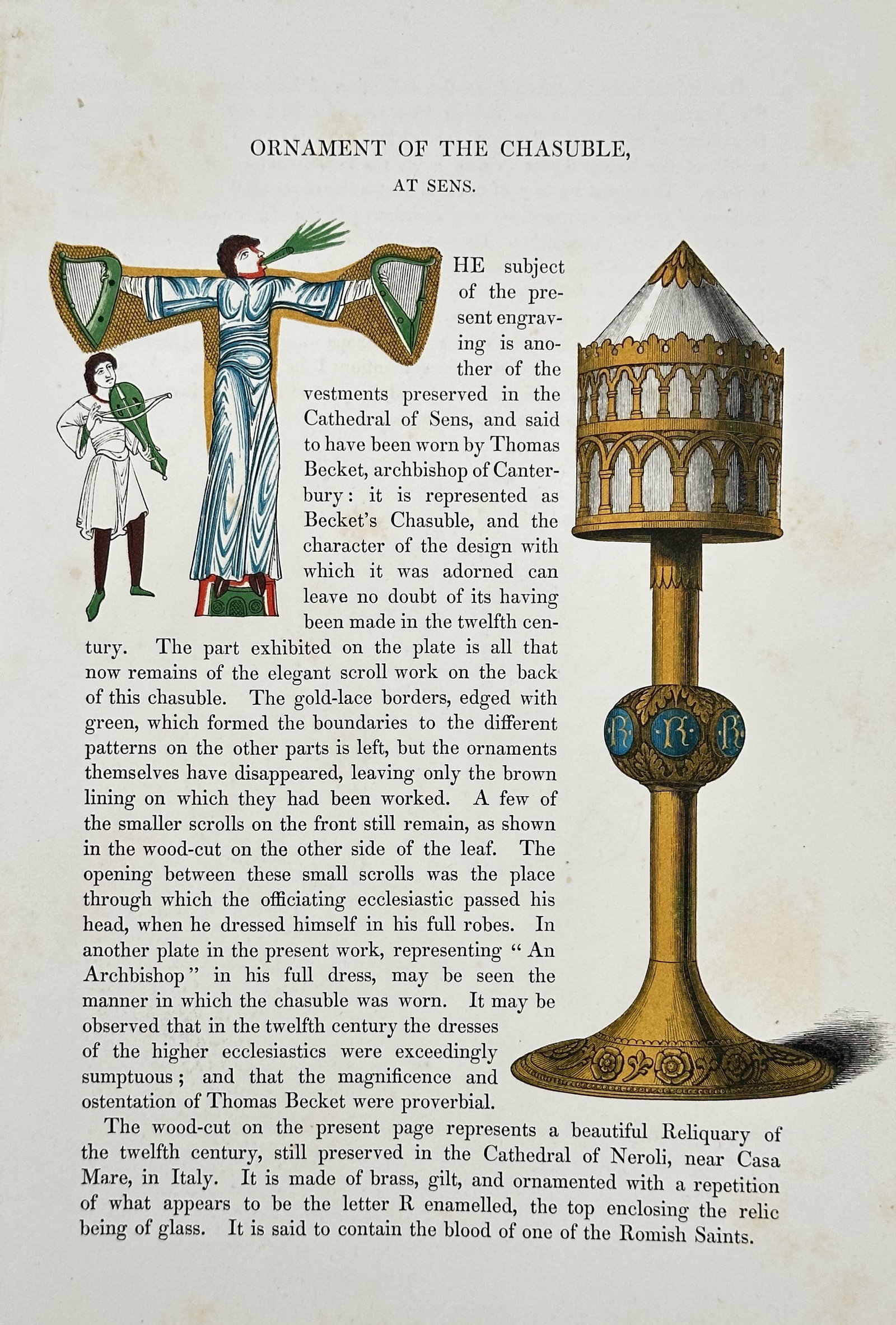 Henry Shaw – Ornament of the Chasuble, at Sens – Hand-coloured Engraving (1843): This hand-coloured engraving, titled Ornament of the Chasuble, at Sens, is a scholarly documentation of a medieval ecclesiastical garment preserved at the Cathedral of Sens, France. The print features