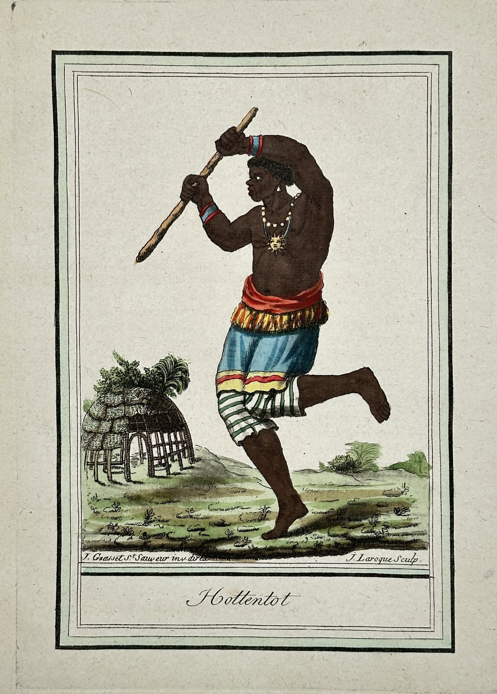 Jacques Grasset de Saint-Sauveur – Hottentot Man – Hand-coloured Engraving (Circa 1796): This ethnographic print depicts a figure identified as an Hottentot man (Khoekhoe people), shown in a dynamic pose holding a club or staff and wearing colorful waist wrappings. The figure is placed in