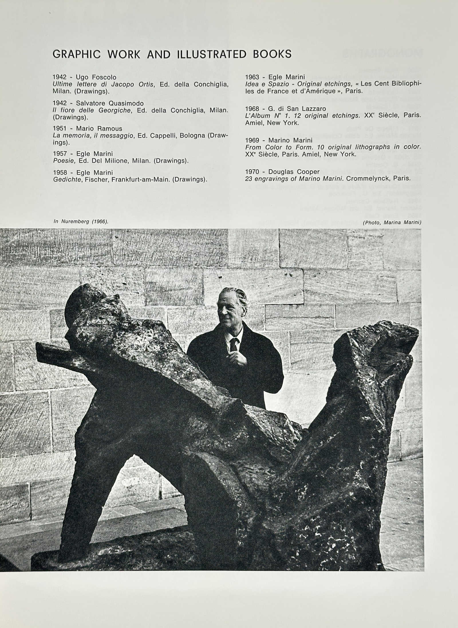 Marino Marini – Photographic Portrait with Sculpture and Bibliography – Offset print: This Offset print is a photographic and textual page from a book or catalog, documenting the artist Marino Marini and his printed works.The main image is a black-and-white photograph (credited to Phot