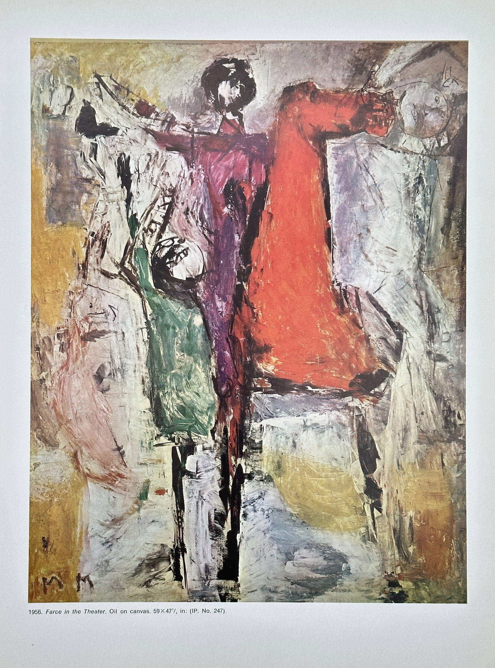 Marino Marini, after – Farce in the Theater – Offset print (20th Century): This Offset print is a color illustration based on a 1958 oil on canvas painting by Marino Marini, titled Farce in the Theater. The highly Expressionistic abstract composition features bold, vertical 