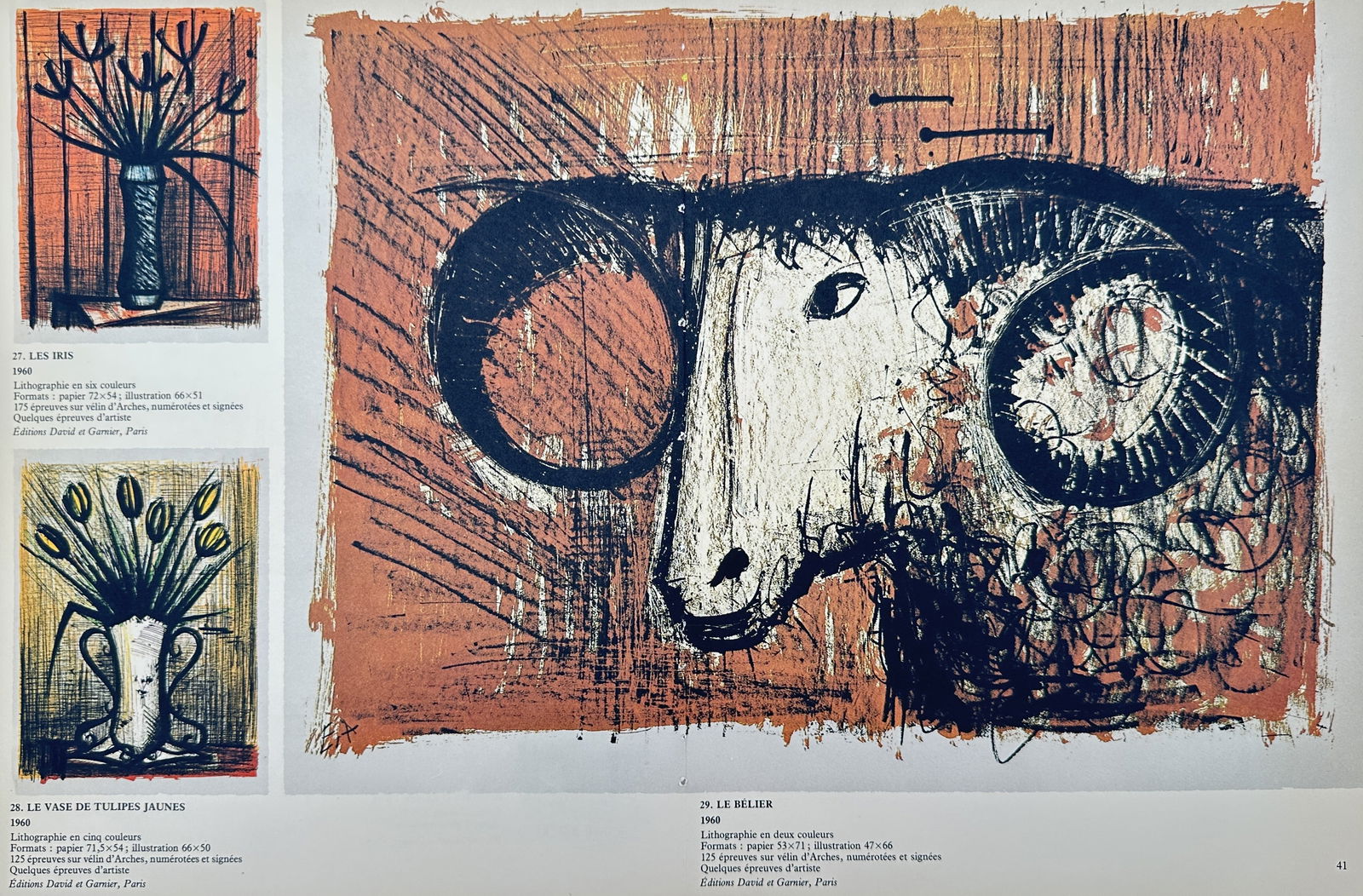 Bernard Buffet, after – Set of Three: Le Bélier (The Ram), Les Iris, and Le Vase de Tulipes: This Offset print is a detailed catalog page featuring three color reproductions of graphic works by Bernard Buffet. The centerpiece is the large, dominant image on the right: Le Bélier (The Ram), da