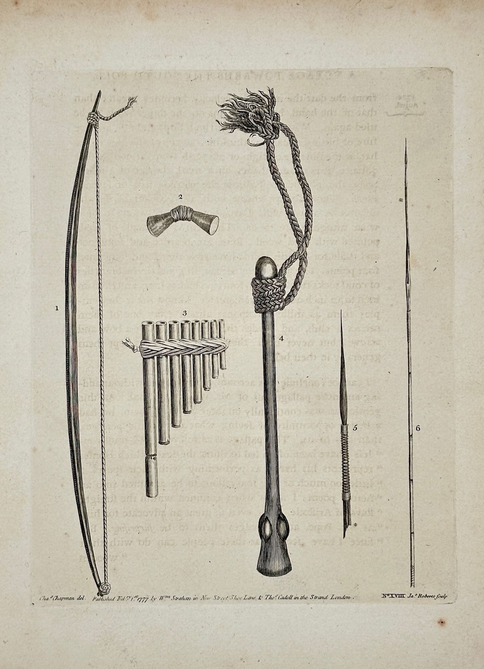 John Hawkesworth – Weapons and Musical Instruments from the Isle of Mallicolo – Engraving (1777) (1 of 2)