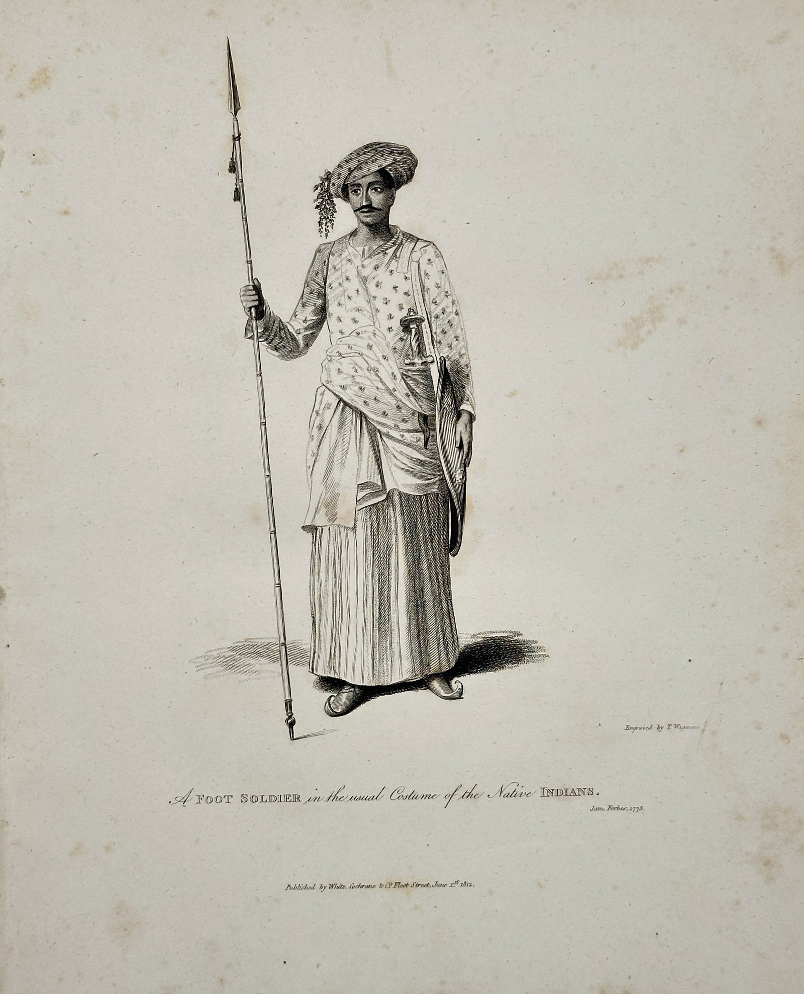 James Forbes – A Foot Soldier in the usual Costume of the Native Indians – Engraving (1813): This Engraving is an ethnographic and military illustration from James Forbes's monumental work, Oriental Memoirs: A Narrative of Seventeen Years Residence in India. The print is titled A Foot Soldier