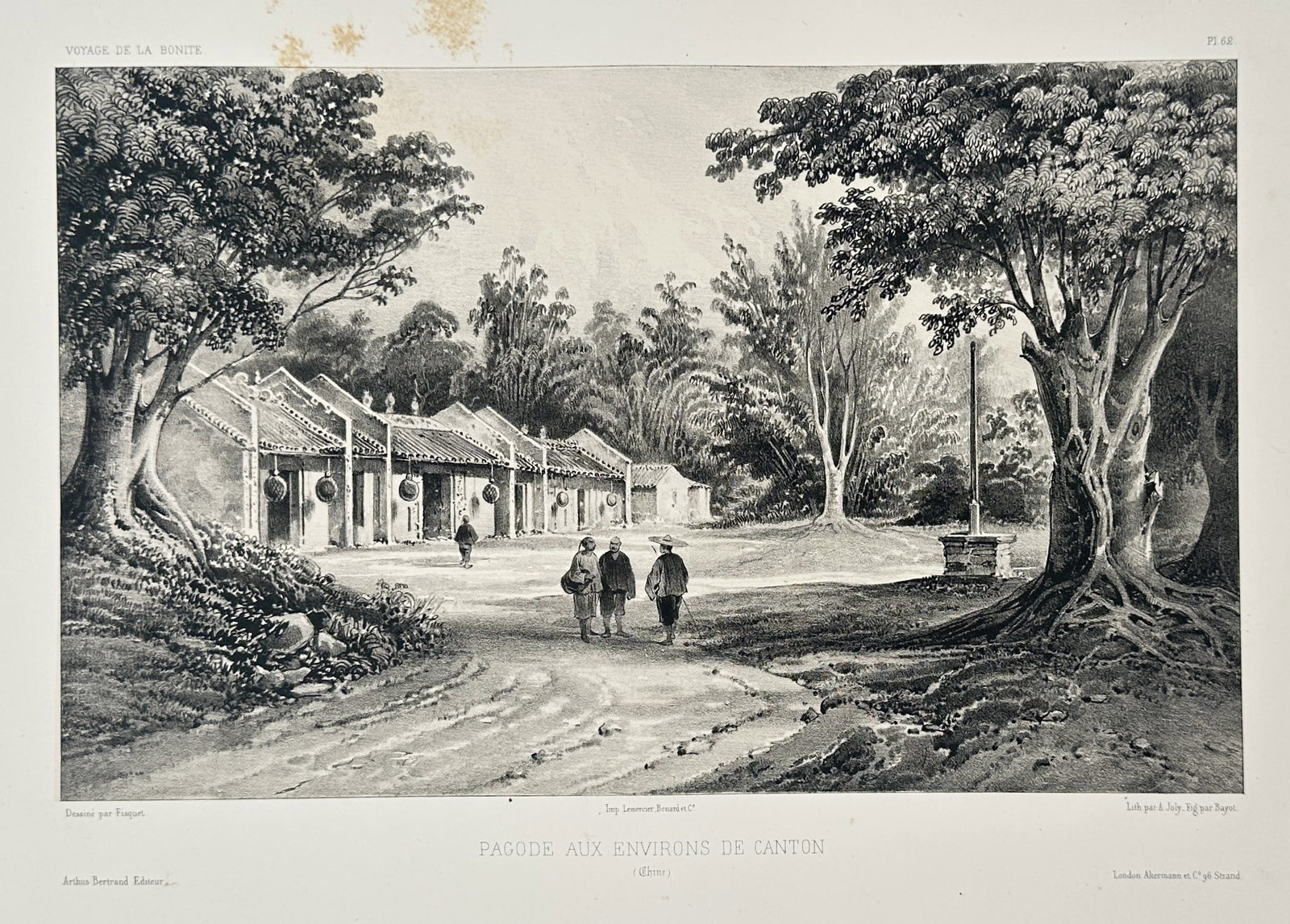 Théodore-Napoléon Jung – Parties aux Environs de Canton (Areas in the Environs of Canton): This Engraving is a detailed topographical illustration depicting a rural scene outside the city of Canton (Guangzhou), China. The print is titled Parties aux Environs de Canton and shows a broad, unp