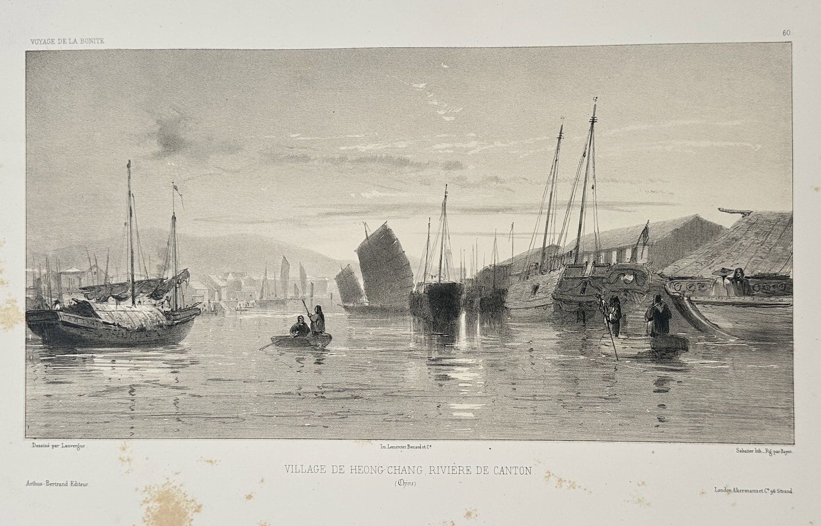 Théodore-Napoléon Jung – Village de Houng-Chou sur la Rivière de Canton: This Engraving is a detailed topographical illustration depicting a harbor scene on the Canton (Guangzhou) River in China. The print is titled Village de Houng-Chou sur la Rivière de Canton and shows