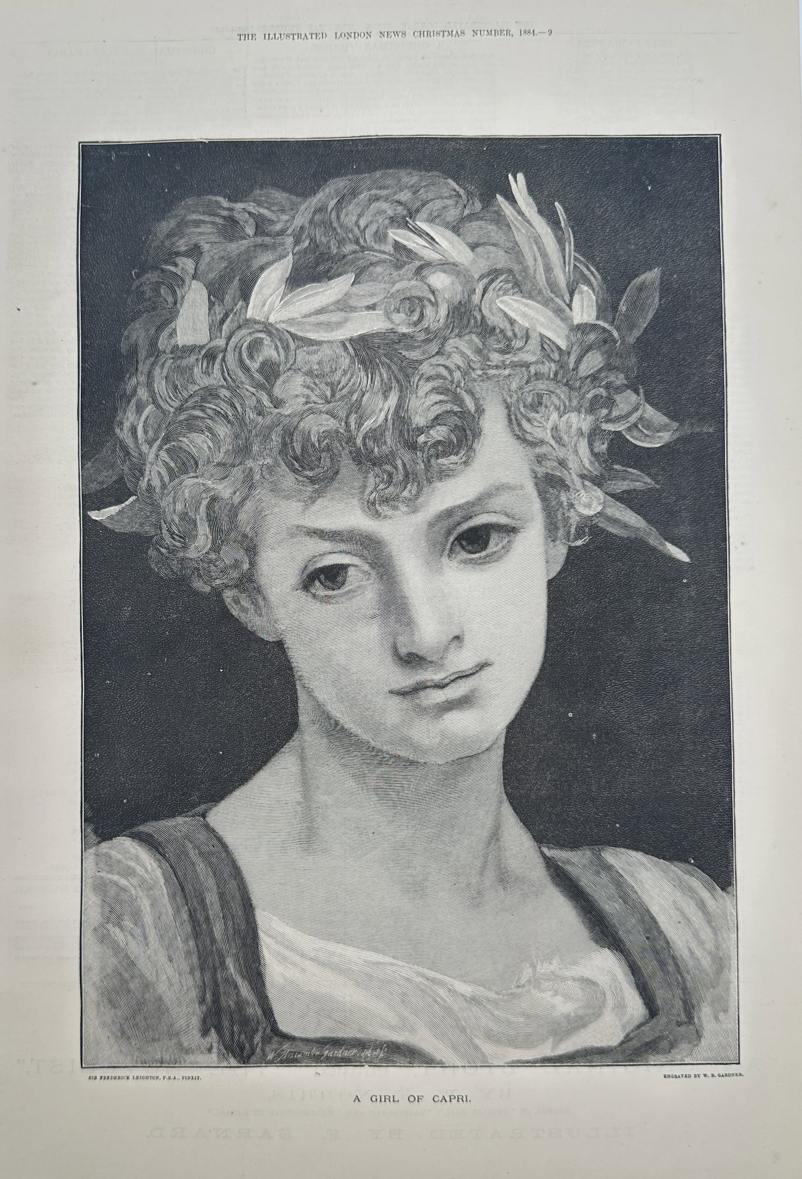 The Illustrated London News – A Girl of Capri – Wood Engraving (1884): This large wood engraving, a detailed portrait, is titled A Girl of Capri. The image features the head and shoulders of a young woman with tightly curled hair, crowned with a laurel or olive wreath, a