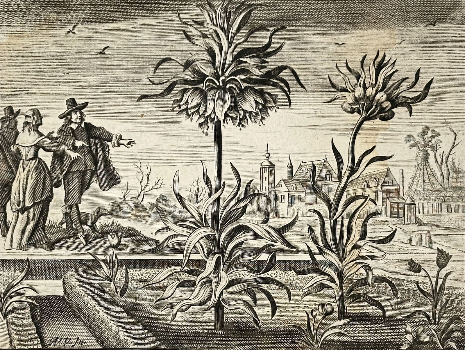Crispijn de Passe the Younger, after – Imperial Fritillary in a Garden Landscape – Engraving (1 of 2)