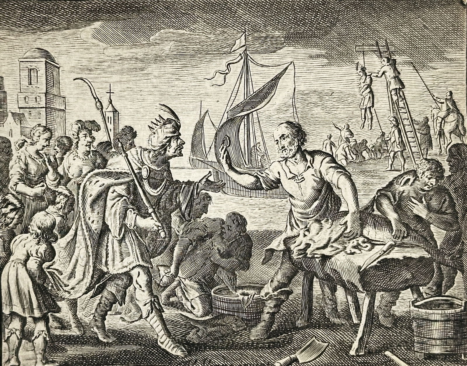 Adriaen van de Venne, after – Scene at a Port: Traveler and Fishmonger – Engraving (1 of 2)