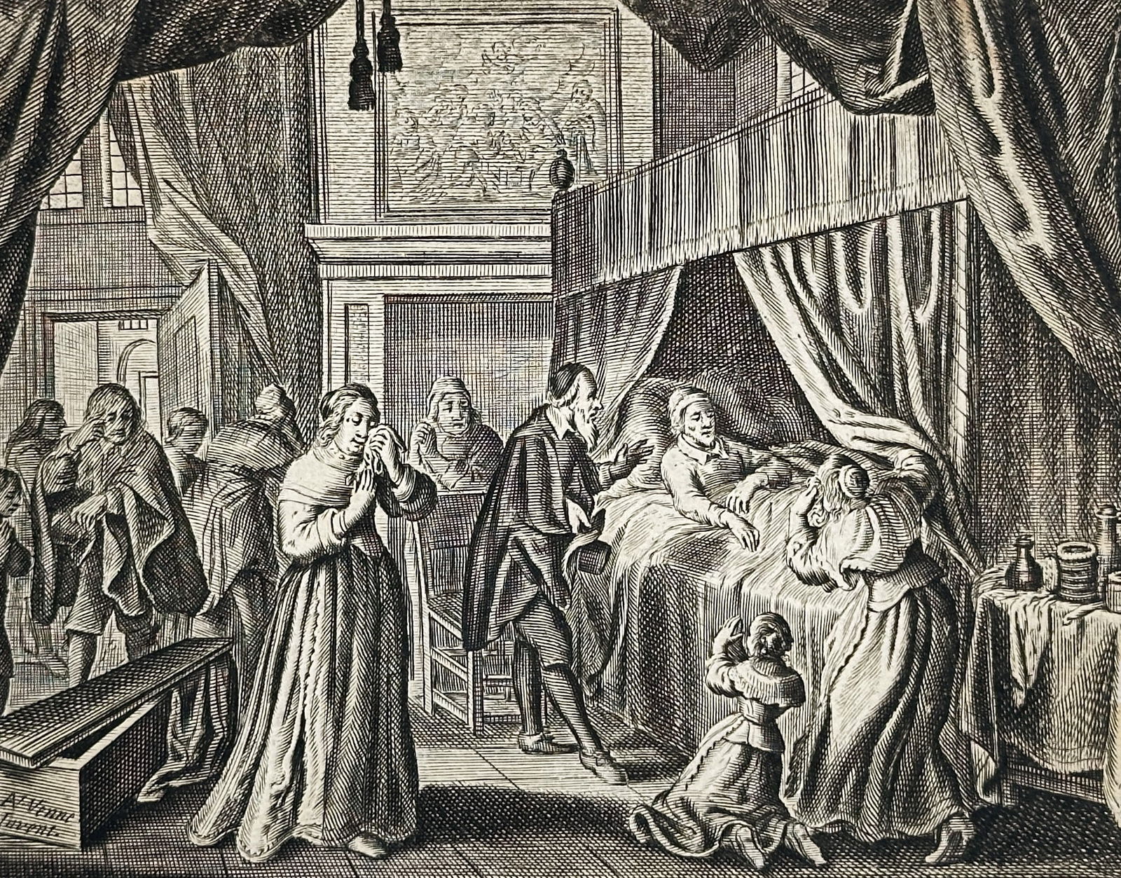 Adriaen van de Venne, after – Deathbed or Sickroom Scene – Engraving (Circa 1620–1660) (1 of 2)