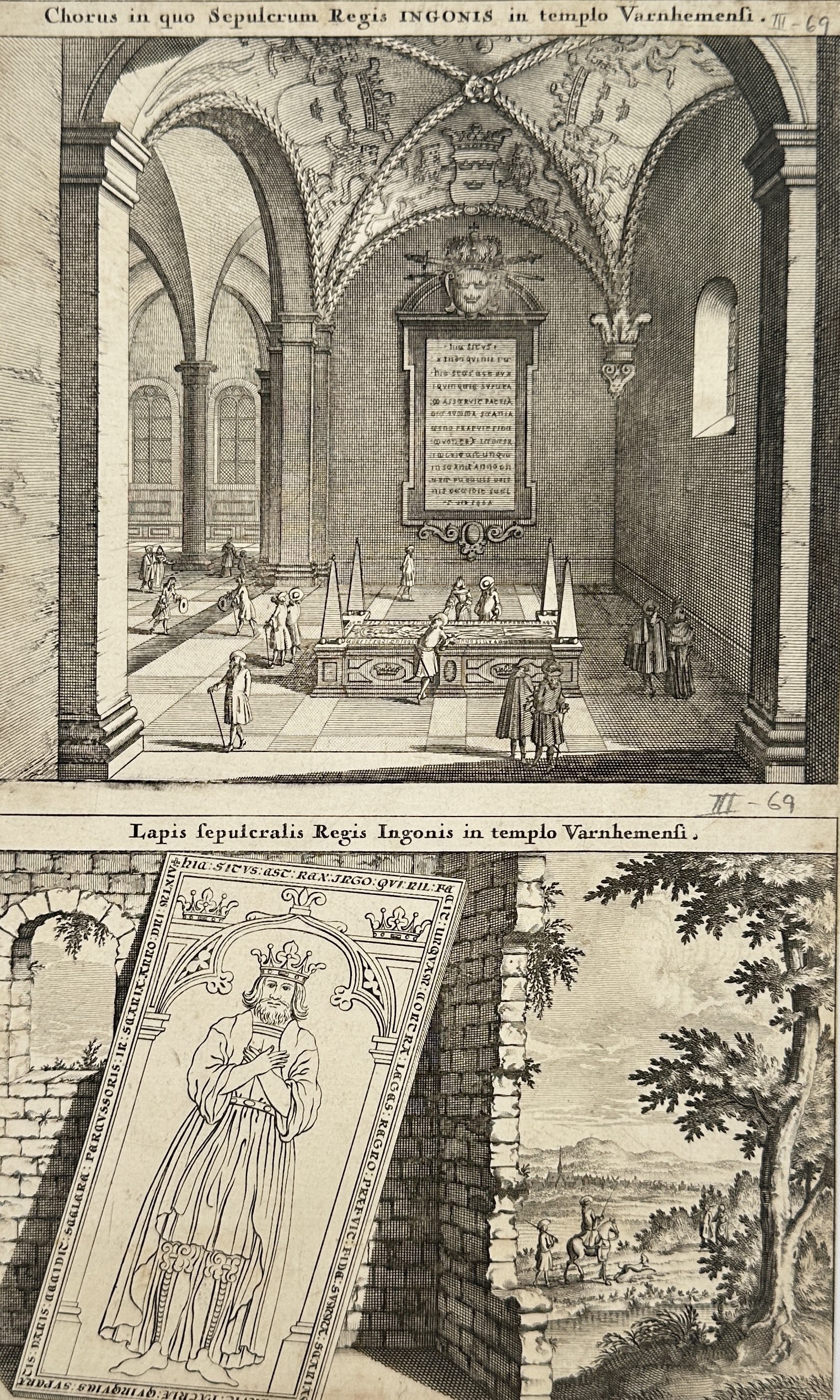 Erik Dahlbergh – Set of Two: The Memorials of King Inge the Elder at Varnhem Church – Engraving: This engraving, presented in two parts, documents the memorials of King Inge the Elder of Sweden at Varnhem Abbey Church, Sweden. The upper view, Chorus in quo Sepulcrum Regis Ingonis, depicts the Bar