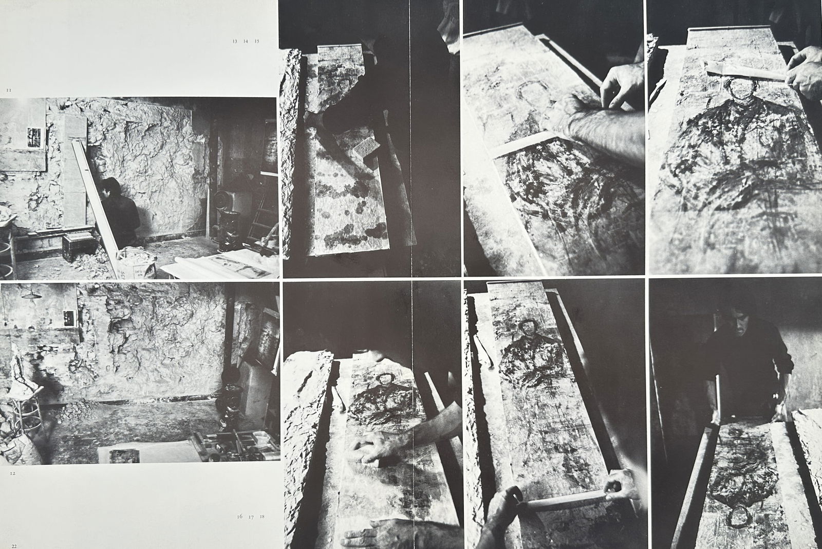 Alberto Giacometti (1901–1966) – Photographic Details of the Studio Walls – Offset print (20th: This Offset print is a monochrome photograph consisting of eight individual frames that document the working process and environment of Alberto Giacometti. The images focus on extreme close-ups of the