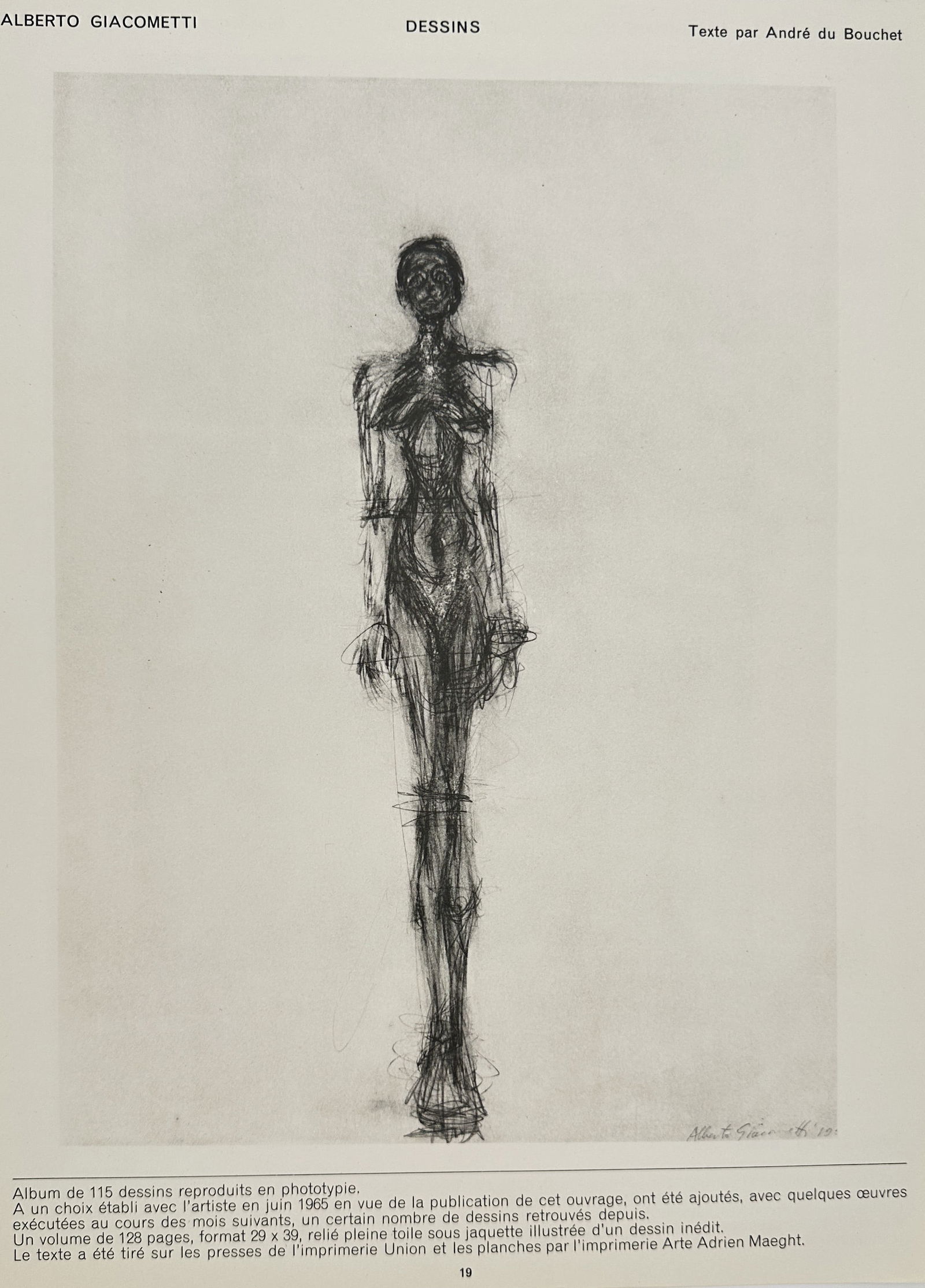 Alberto Giacometti (1901–1966) – Standing Female Figure – Offset print (20th Century): This Offset print is a monochrome illustration from an art volume, featuring a full-length drawing of an extremely slender, isolated female figure (Femme Debout) executed in intense, nervous graphite