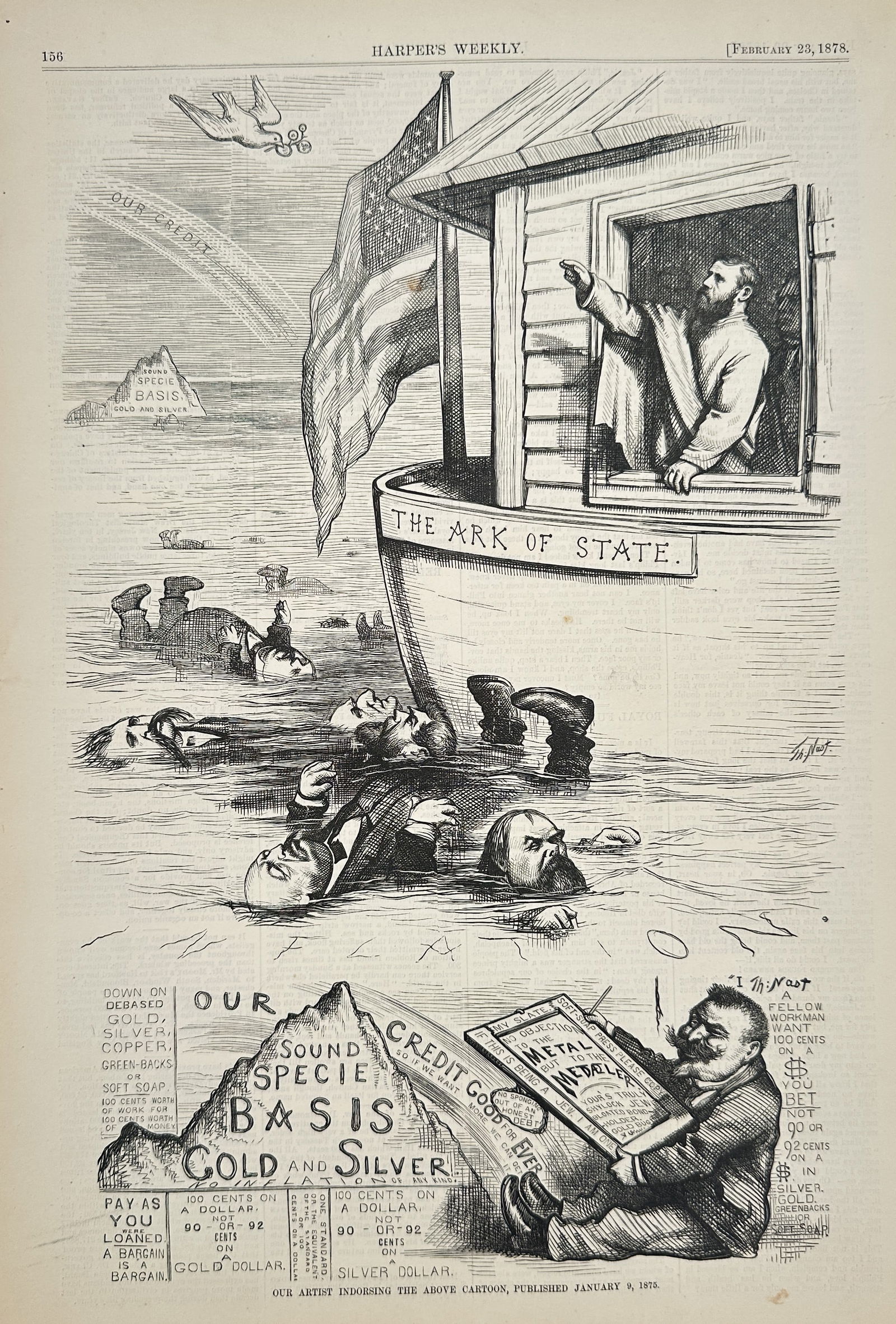 Thomas Nast – The Ark of State (The Financial Deluge) – Wood Engraving (1878): This wood engraving, titled The Ark of State, is a powerful political cartoon by Thomas Nast utilizing the biblical flood motif to comment on the post-Panic of 1873 financial crisis and the debate ove
