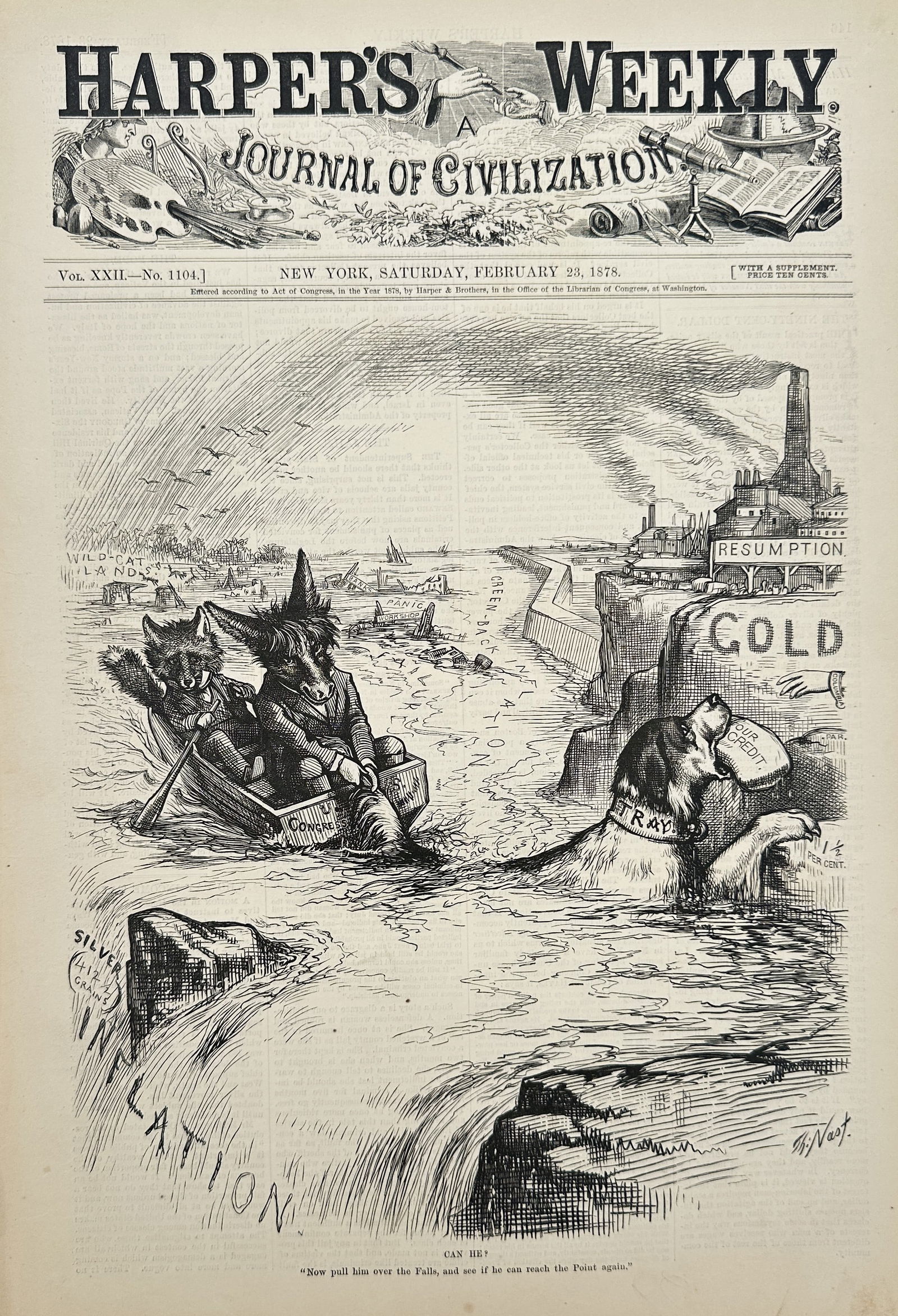 Thomas Nast – Can He? (The Silver Donkey and the Falls of Inflation) – Wood Engraving (1878): This wood engraving, featured on the cover of Harper's Weekly, is a sharply critical political cartoon satirizing the inflationary Free Silver movement during the currency debates of 1878. The central