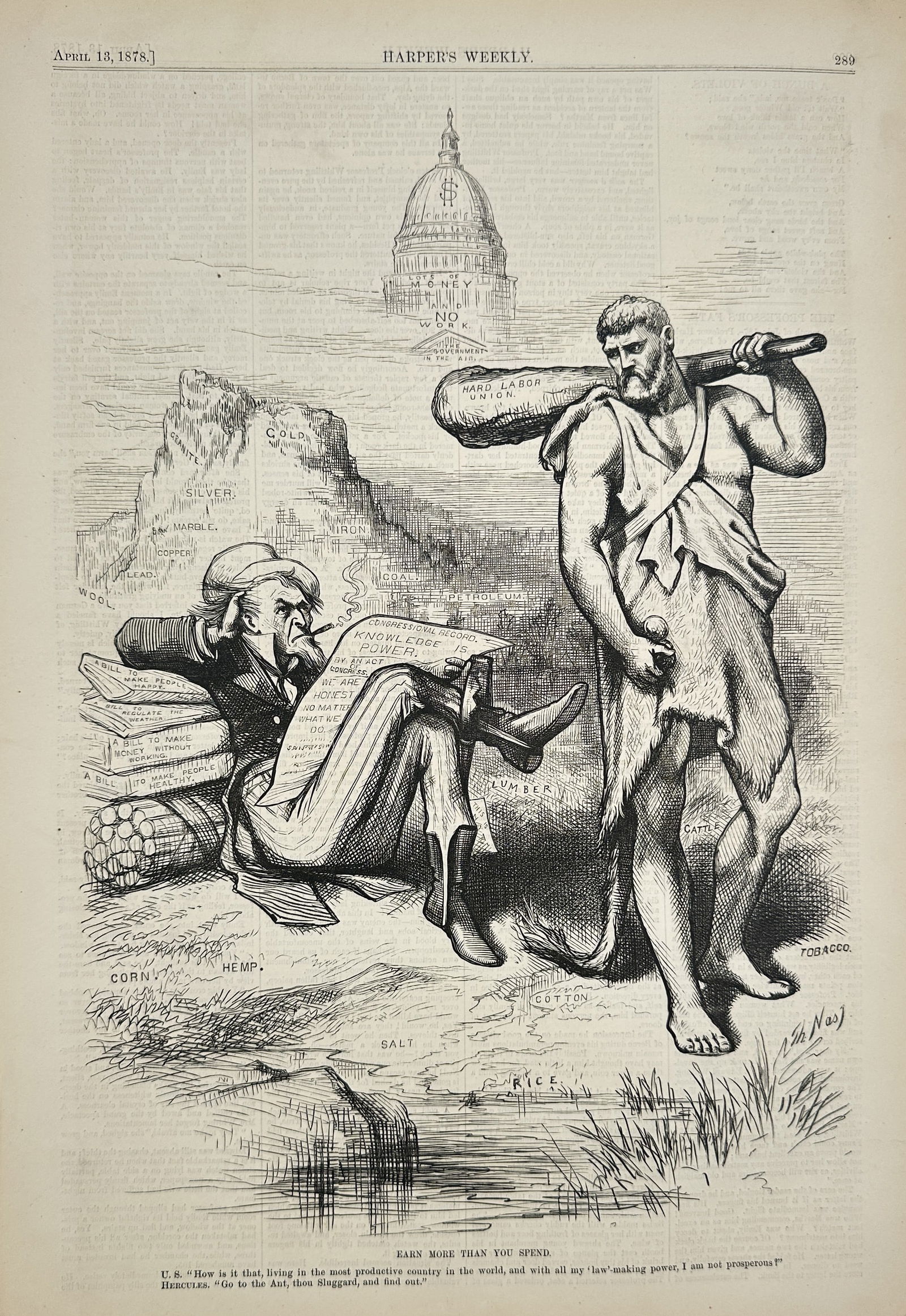 Thomas Nast – Raising More Than You Spend (The Paradox of American Prosperity) – Wood Engraving: This wood engraving, titled Raising More Than You Spend, is a satirical political cartoon that criticizes the failure of American financial policy to translate national productivity into prosperity. T