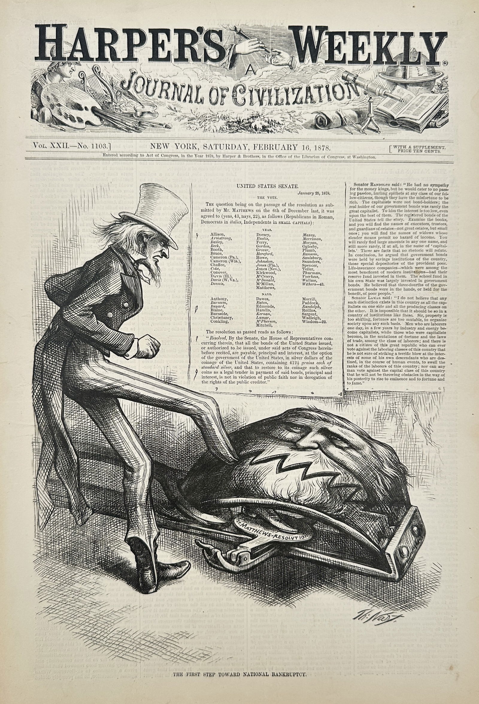 Thomas Nast – The First Step Toward National Bankruptcy (Matthews Resolution) – Wood Engraving (1 of 2)
