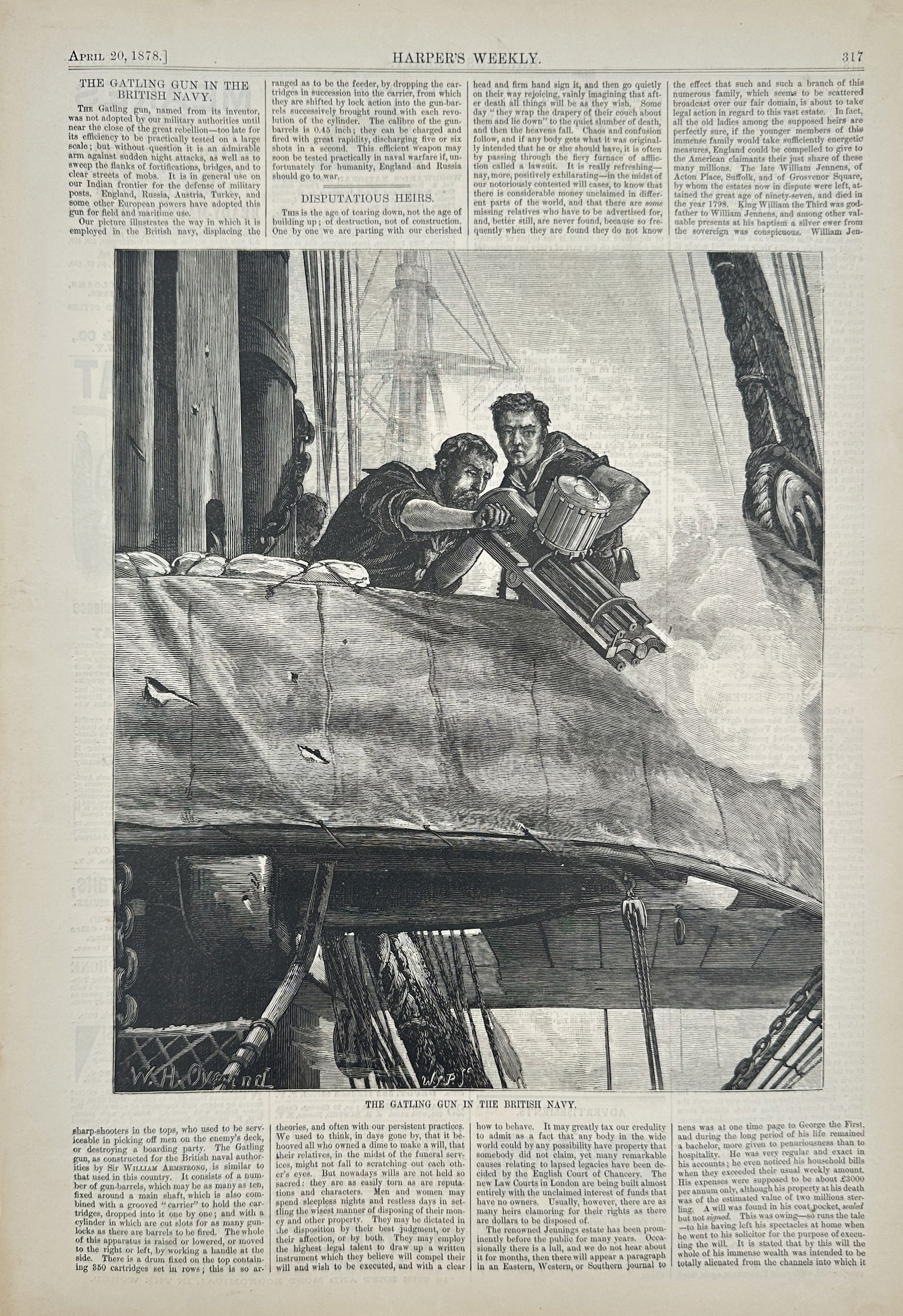 Thomas Nast – The Gatling Gun in the British Navy – Wood Engraving (1878): This wood engraving, titled The Gatling Gun in the British Navy, is a dynamic illustration of a modern military technology scene. The image depicts two British sailors intensely focused on aiming and