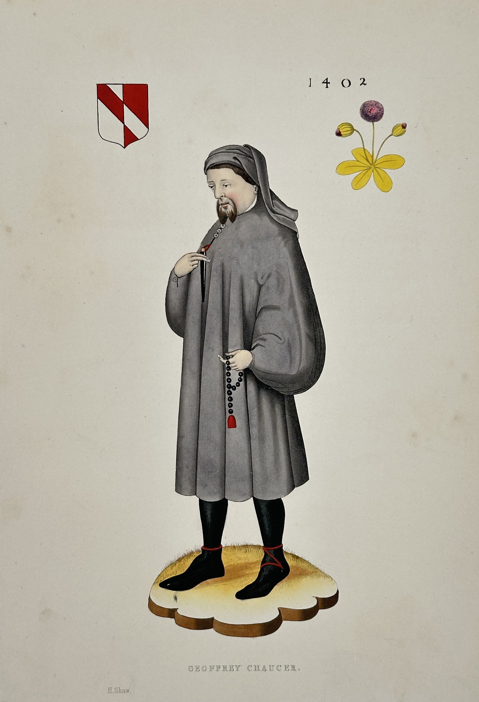 Henry Shaw – Geoffrey Chaucer – Hand-coloured Engraving (1843) (1 of 2)