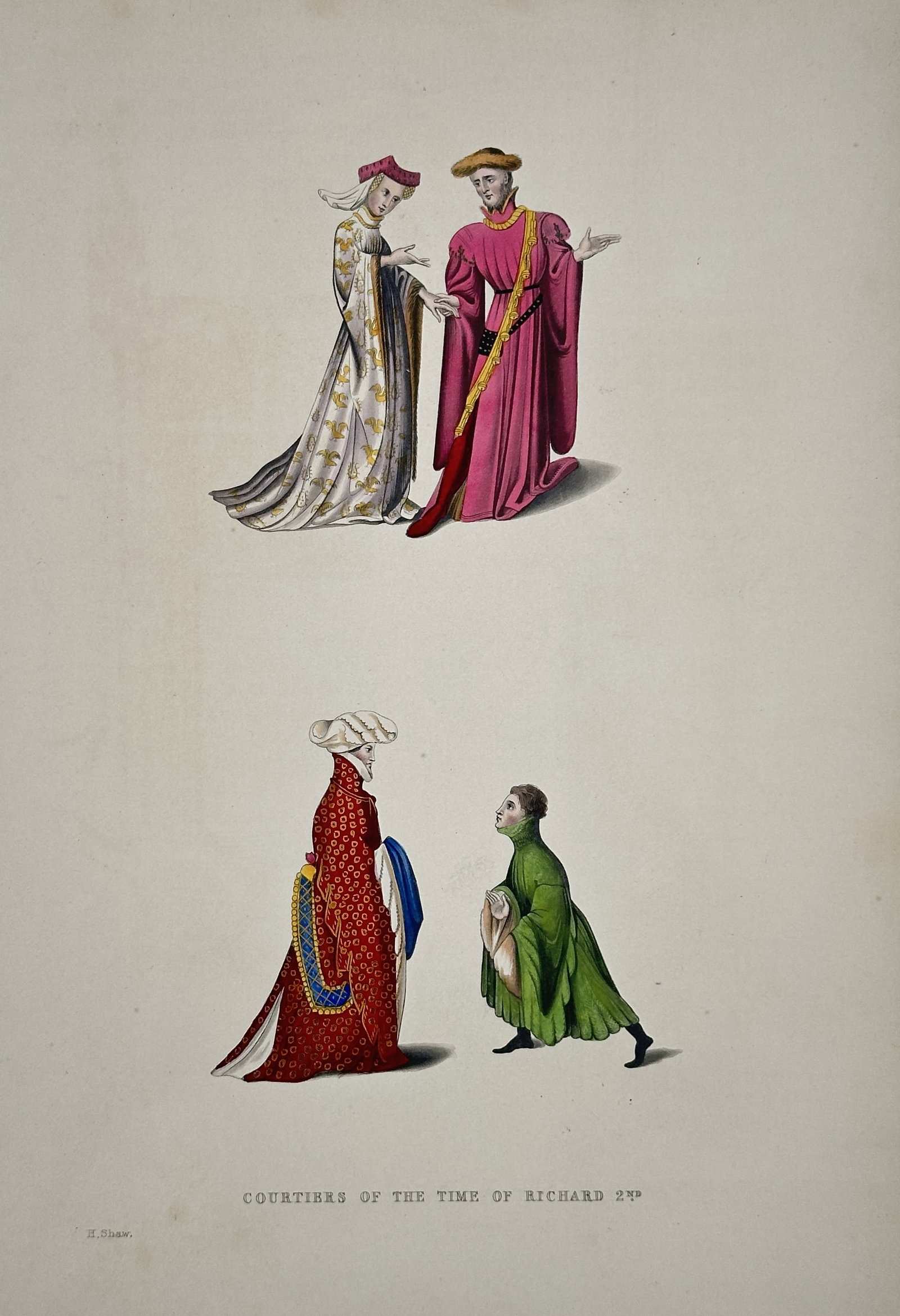 Henry Shaw – Courtiers of the Time of Richard II – Hand-coloured Engraving (1843): This hand-coloured engraving illustrates the flamboyant and elaborate clothing worn by English courtiers during the reign of King Richard II (14th century), characterized by richly embroidered gowns (