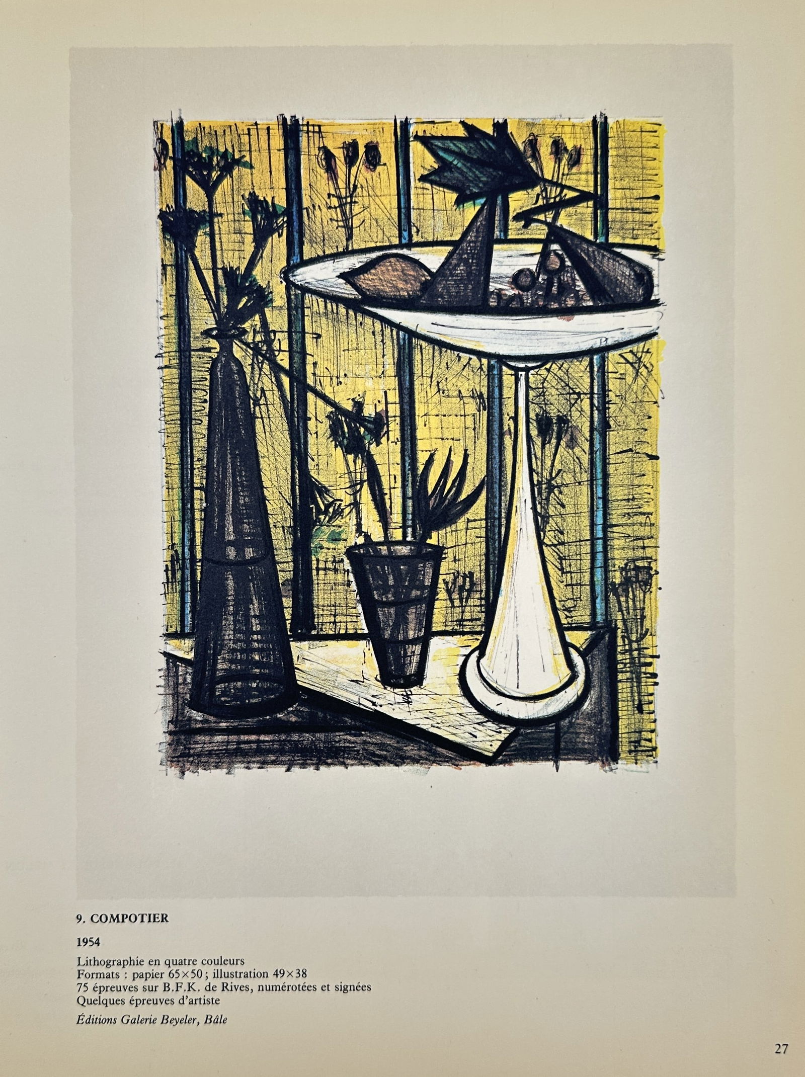 Bernard Buffet, after – Compotier (Fruit Bowl) – Offset print (20th Century): This Offset print is a color illustration based on a 1954 lithograph by Bernard Buffet, titled Compotier (Fruit Bowl). The image depicts a stark still life composition with a distinctive fruit bowl on