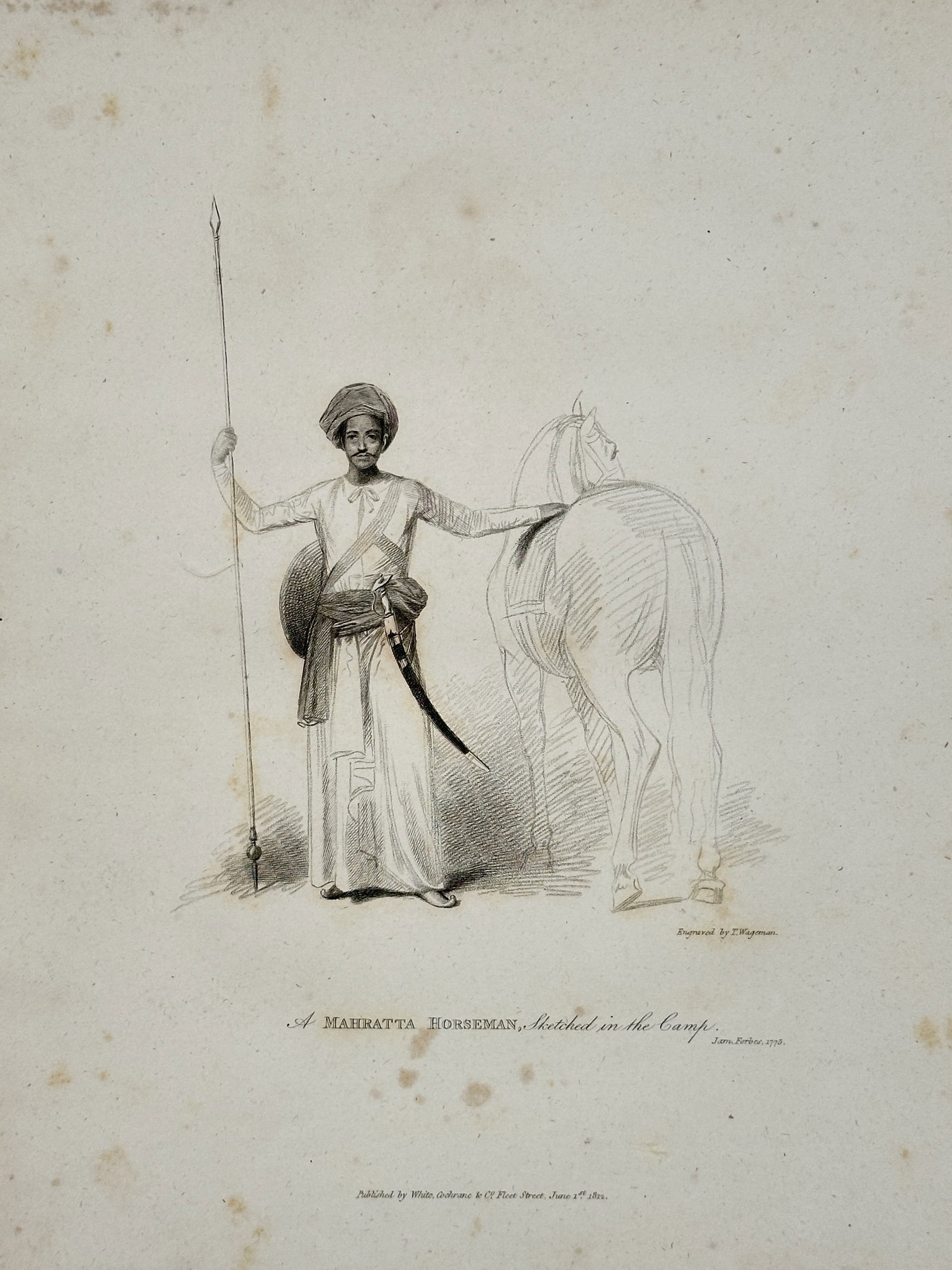 James Forbes – A Mahratta Horseman, sketched in the Camp – Engraving (1813): This Engraving is an ethnographic and military portrait from James Forbes's monumental work, Oriental Memoirs: A Narrative of Seventeen Years Residence in India. The print depicts a Mahratta Horseman 